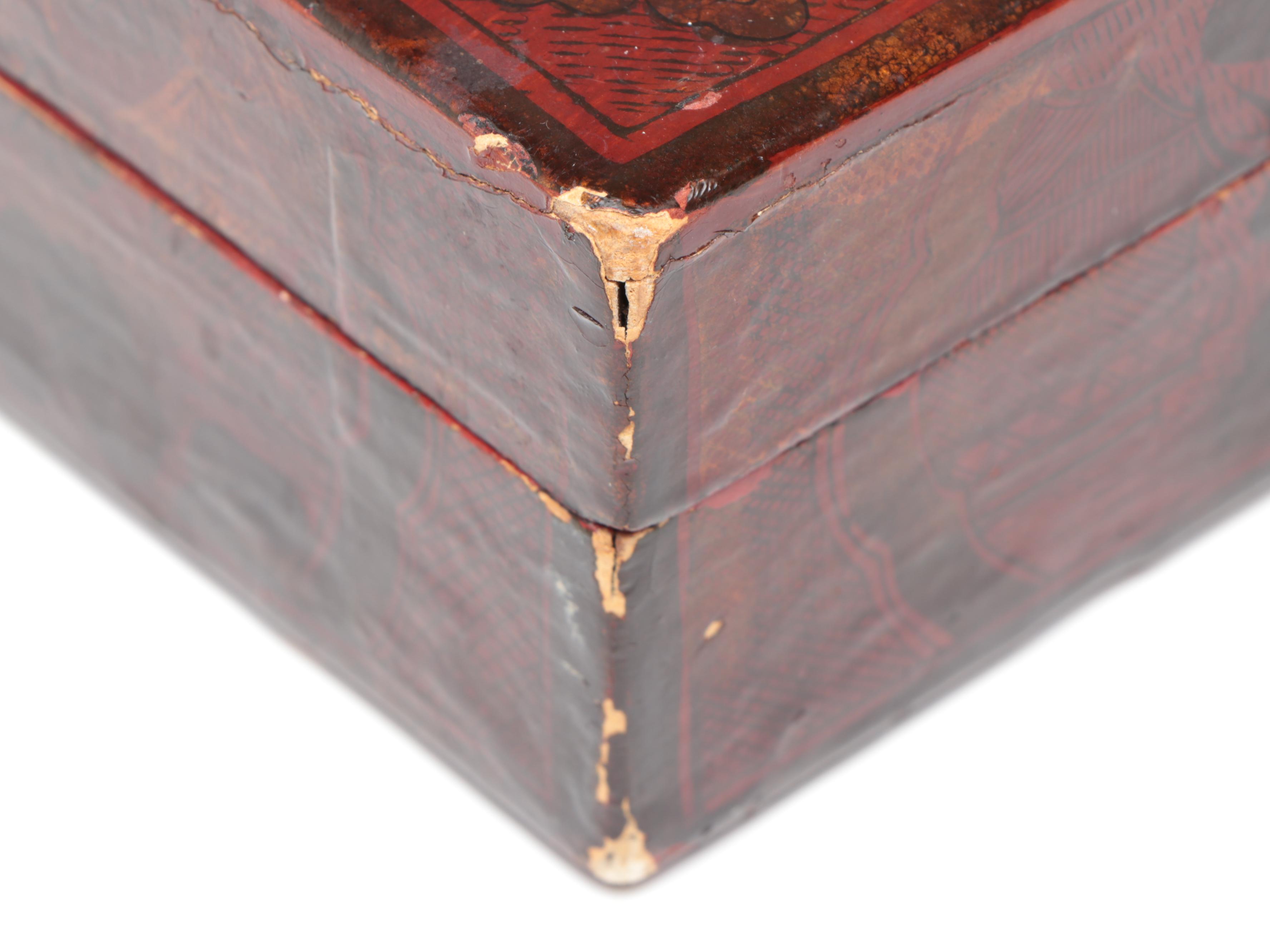 Chinese Buddhist Red Lacquerware Decorative Box with Etched Brass Hardware