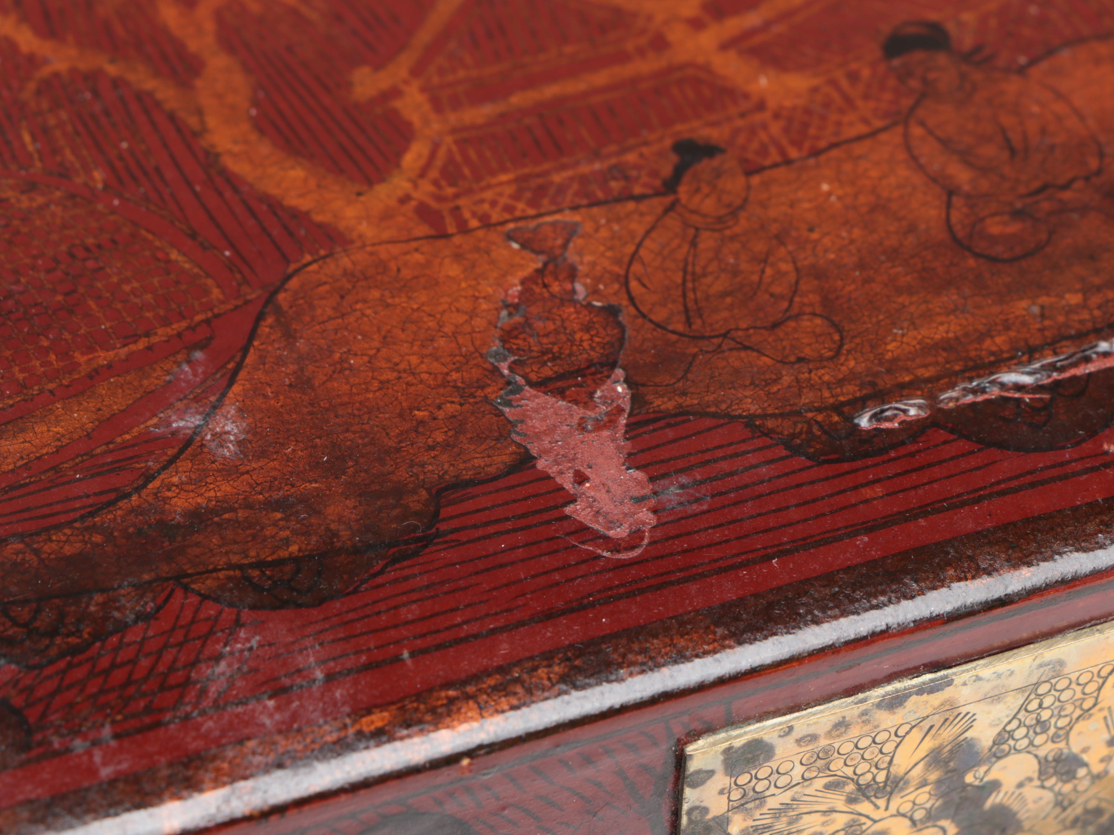 Chinese Buddhist Red Lacquerware Decorative Box with Etched Brass Hardware