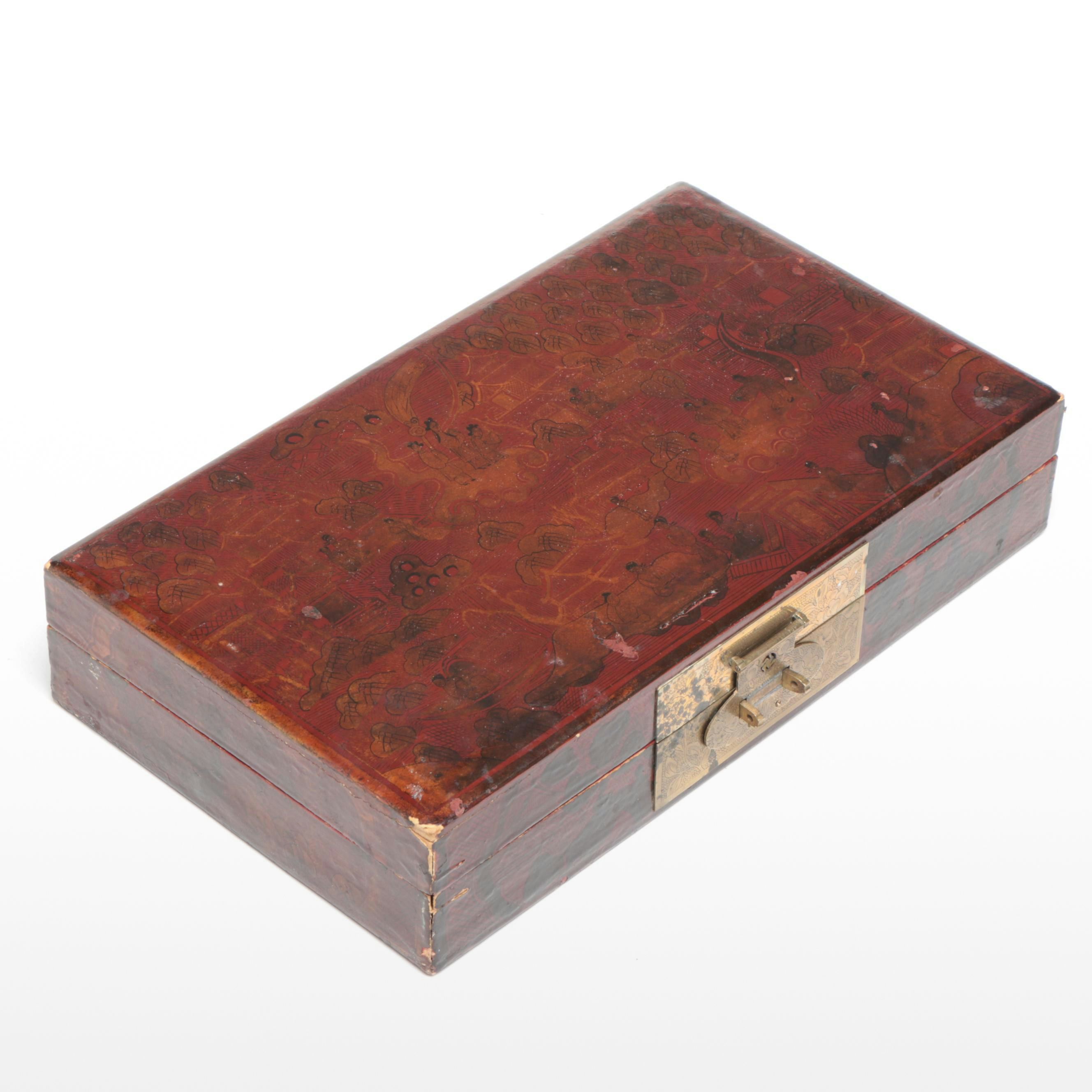 Chinese Buddhist Red Lacquerware Decorative Box with Etched Brass Hardware