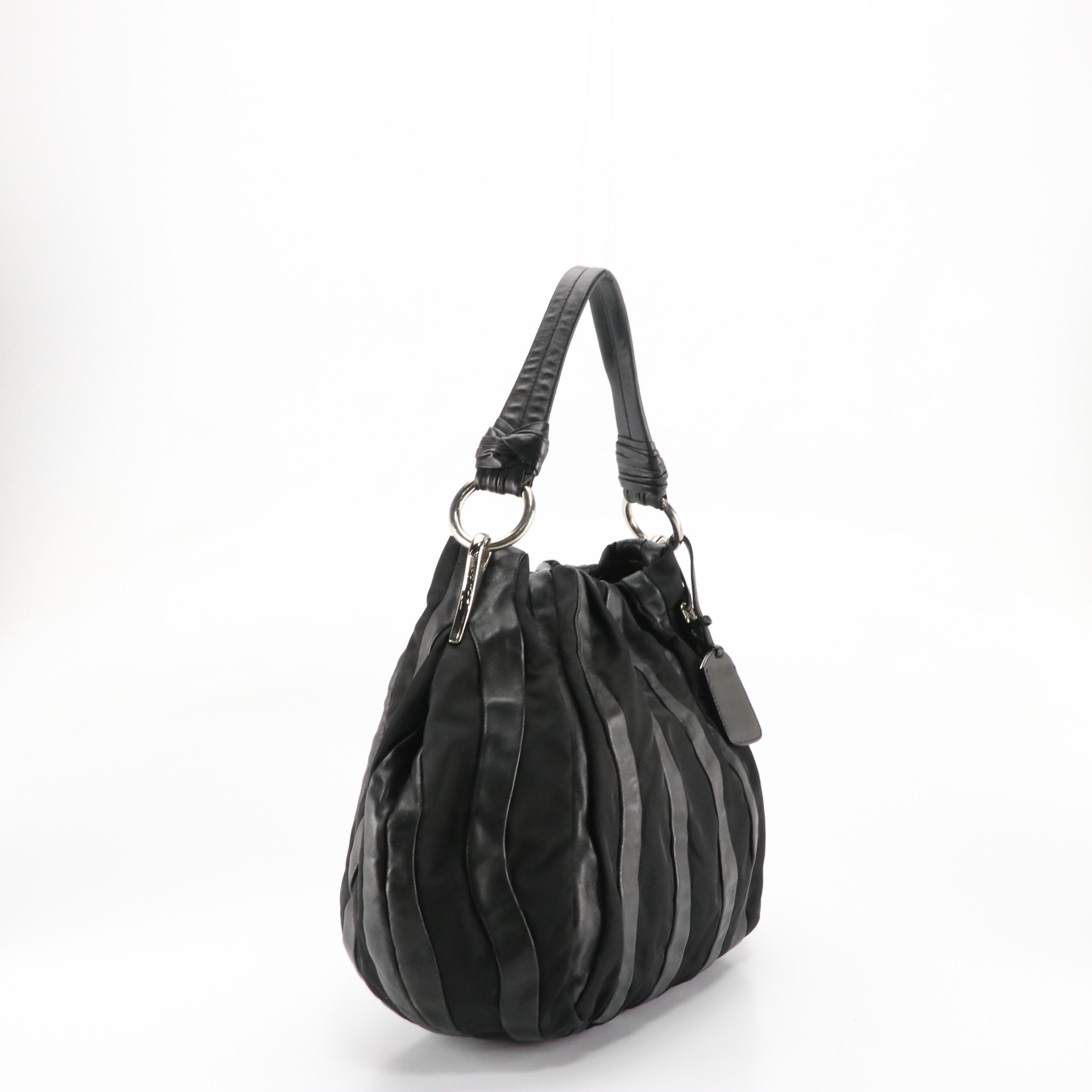 Prada Hobo Shoulder Bag in Black Waved Lambskin Leather and Tessuto Nylon