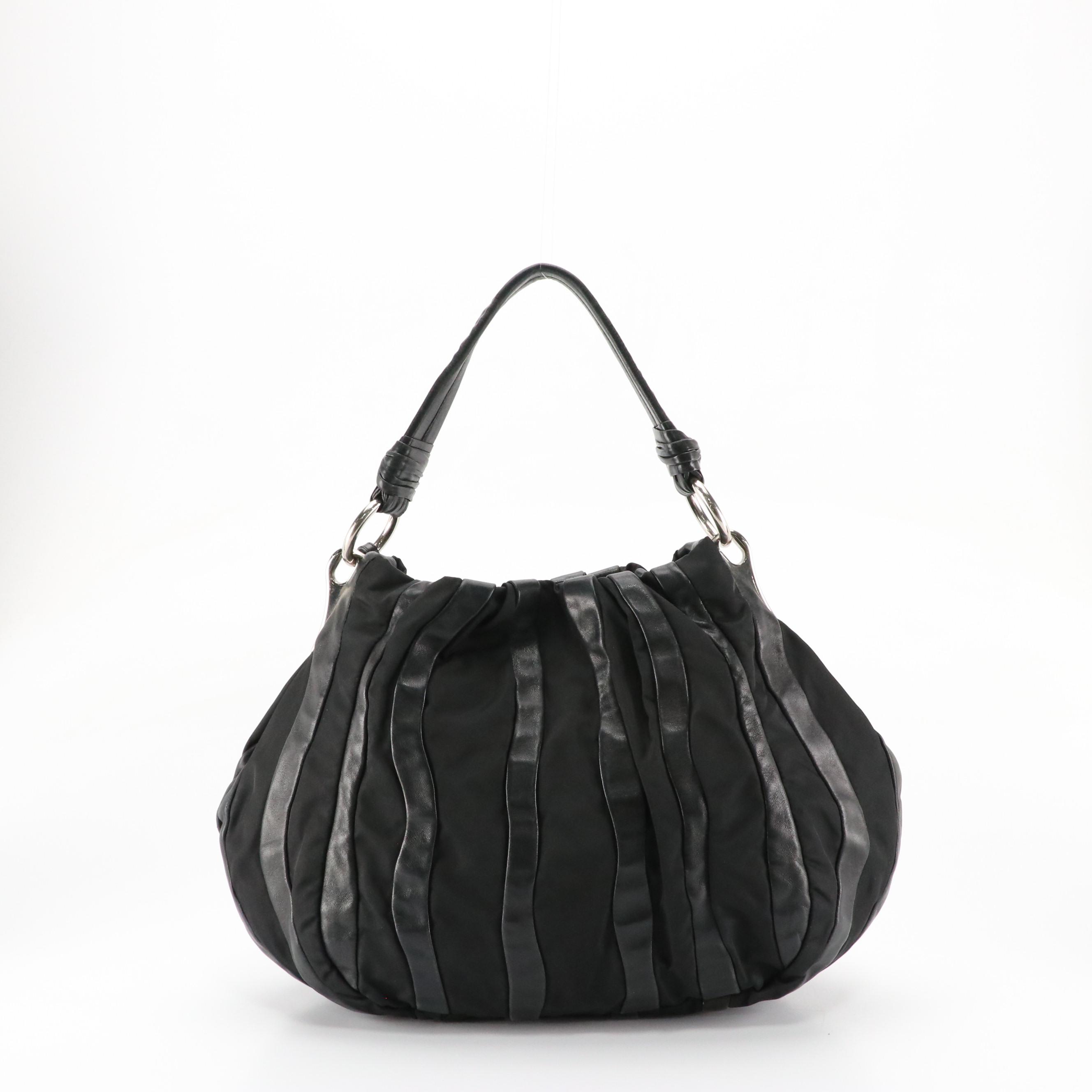 Prada Hobo Shoulder Bag in Black Waved Lambskin Leather and Tessuto Nylon