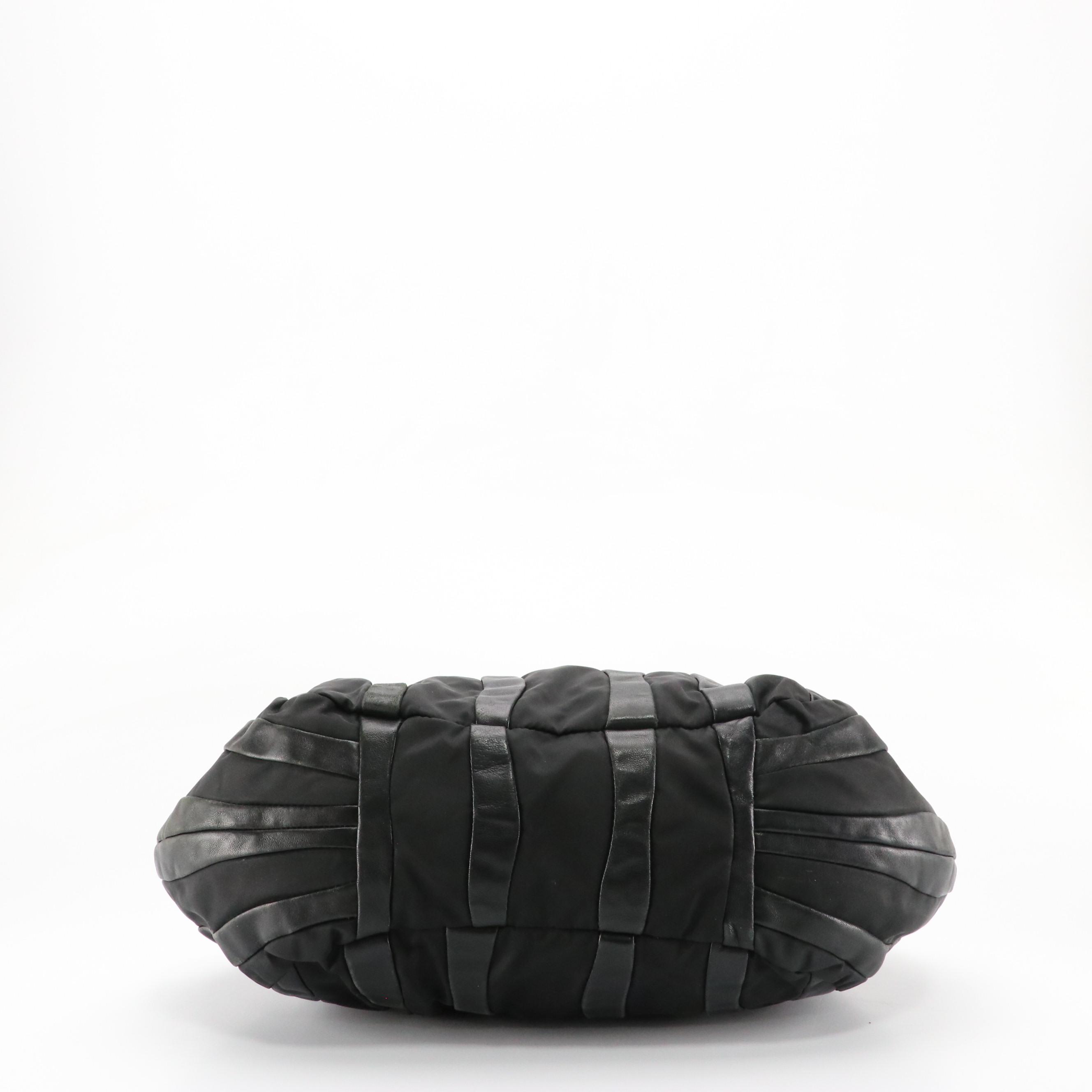 Prada Hobo Shoulder Bag in Black Waved Lambskin Leather and Tessuto Nylon