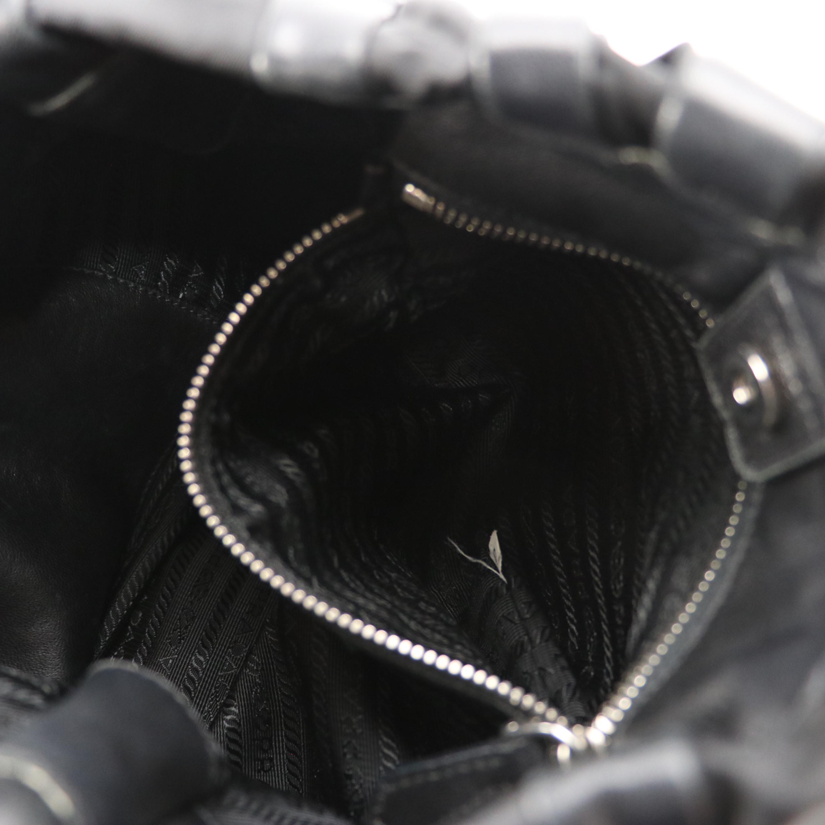 Prada Hobo Shoulder Bag in Black Waved Lambskin Leather and Tessuto Nylon