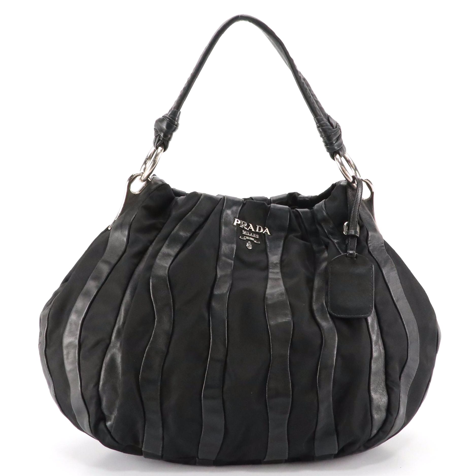 Prada Hobo Shoulder Bag in Black Waved Lambskin Leather and Tessuto Nylon