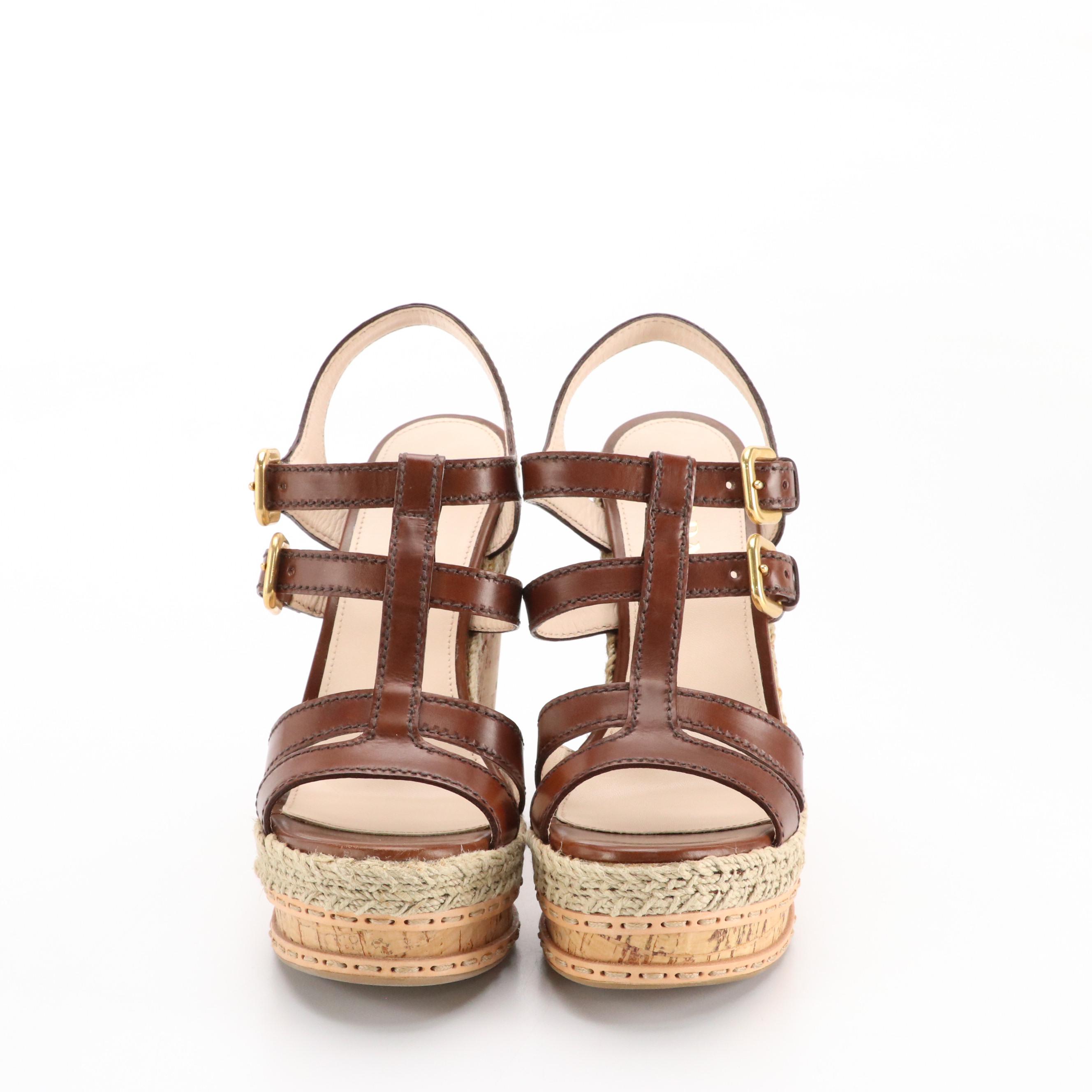Prada Buckle Platform Espadrille Cork Wedges in Brown Leather and Jute, With Box