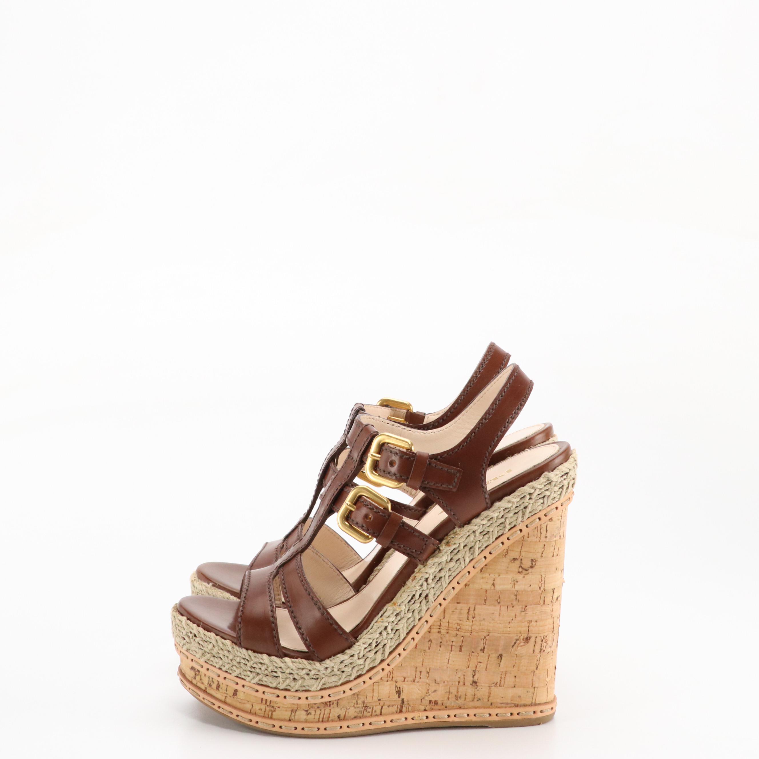 Prada Buckle Platform Espadrille Cork Wedges in Brown Leather and Jute, With Box