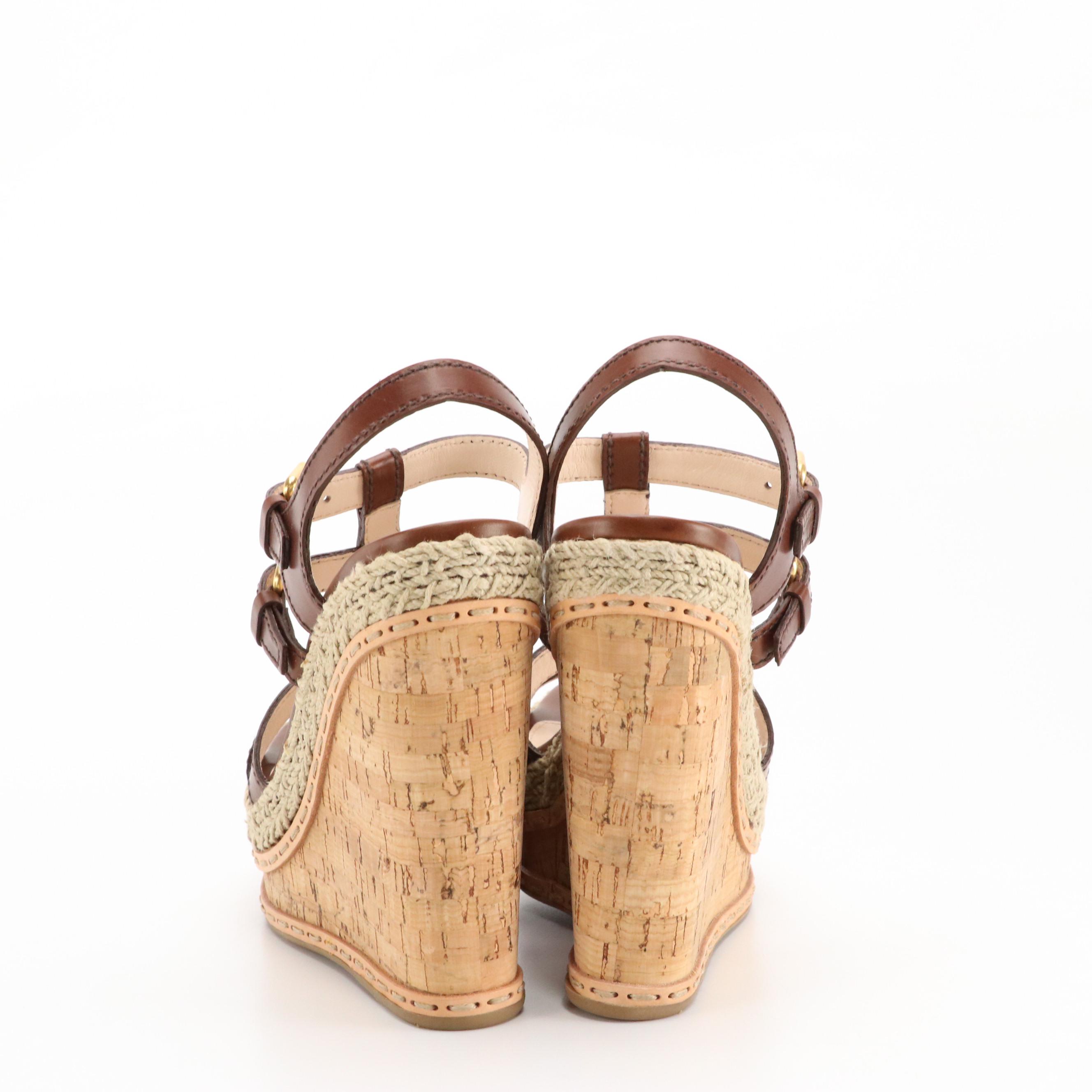 Prada Buckle Platform Espadrille Cork Wedges in Brown Leather and Jute, With Box