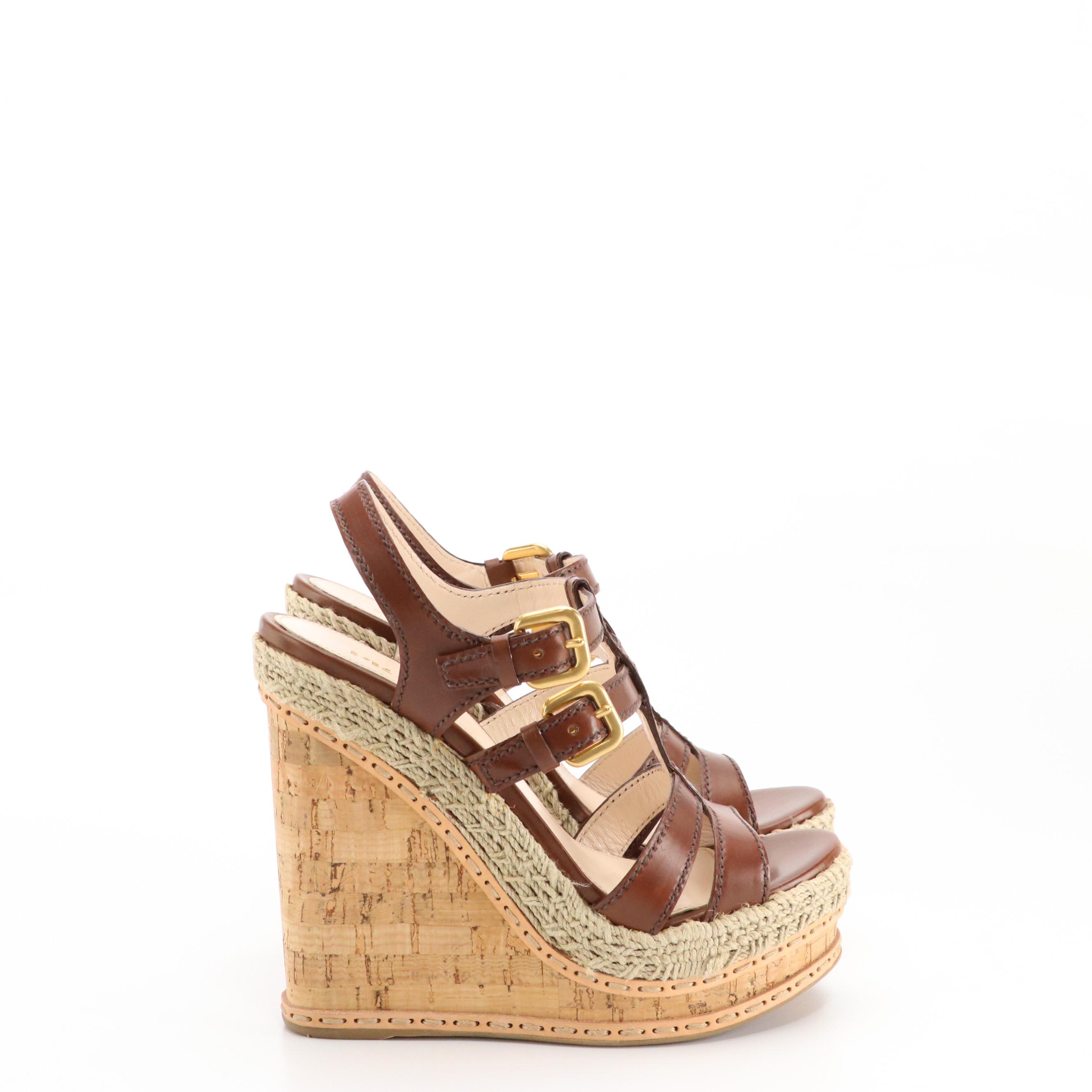 Prada Buckle Platform Espadrille Cork Wedges in Brown Leather and Jute, With Box
