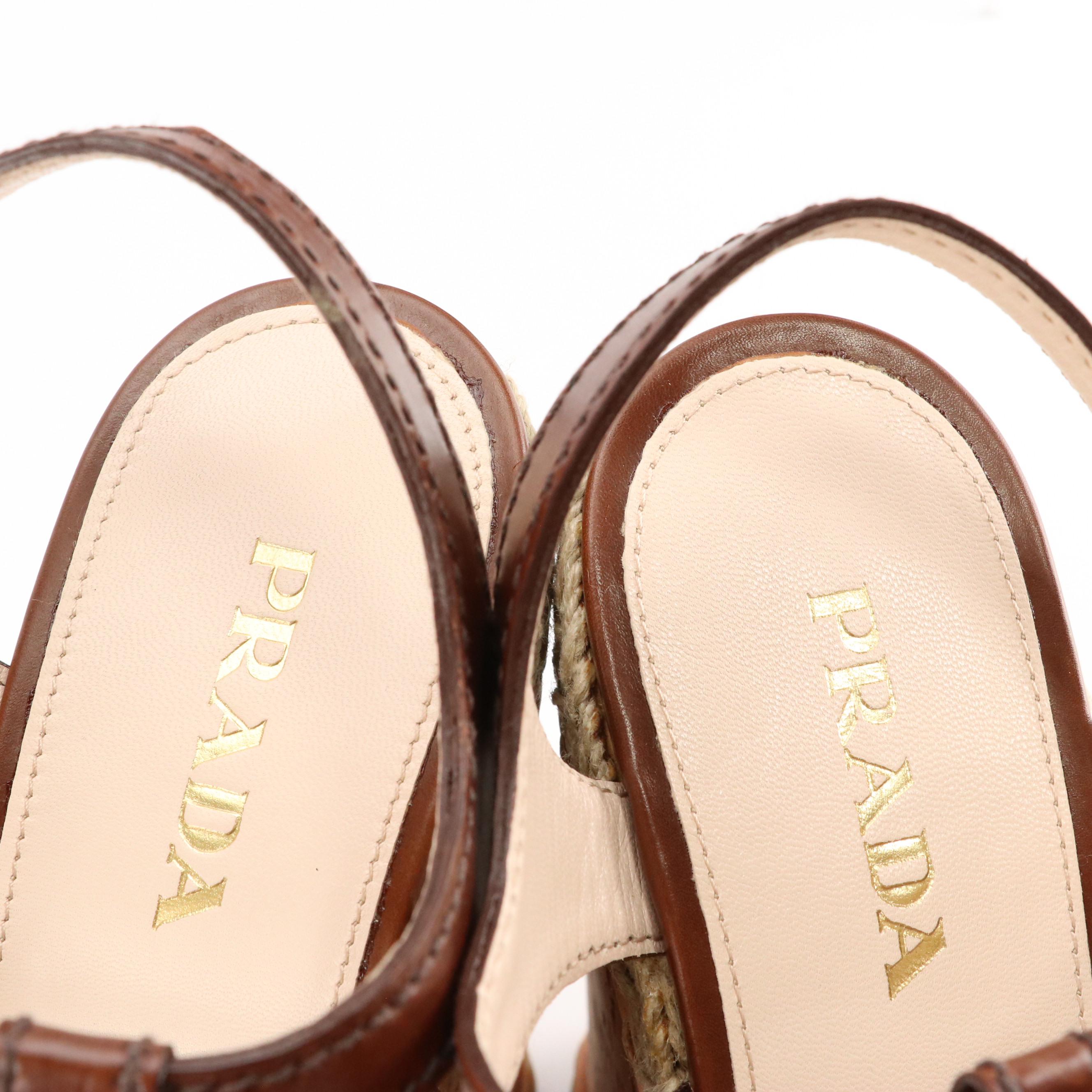Prada Buckle Platform Espadrille Cork Wedges in Brown Leather and Jute, With Box