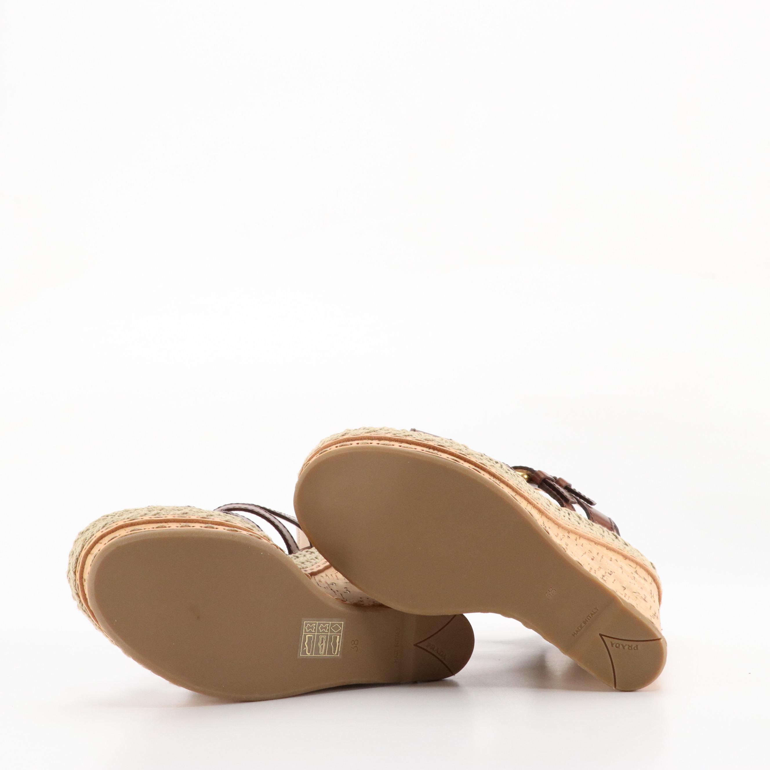 Prada Buckle Platform Espadrille Cork Wedges in Brown Leather and Jute, With Box