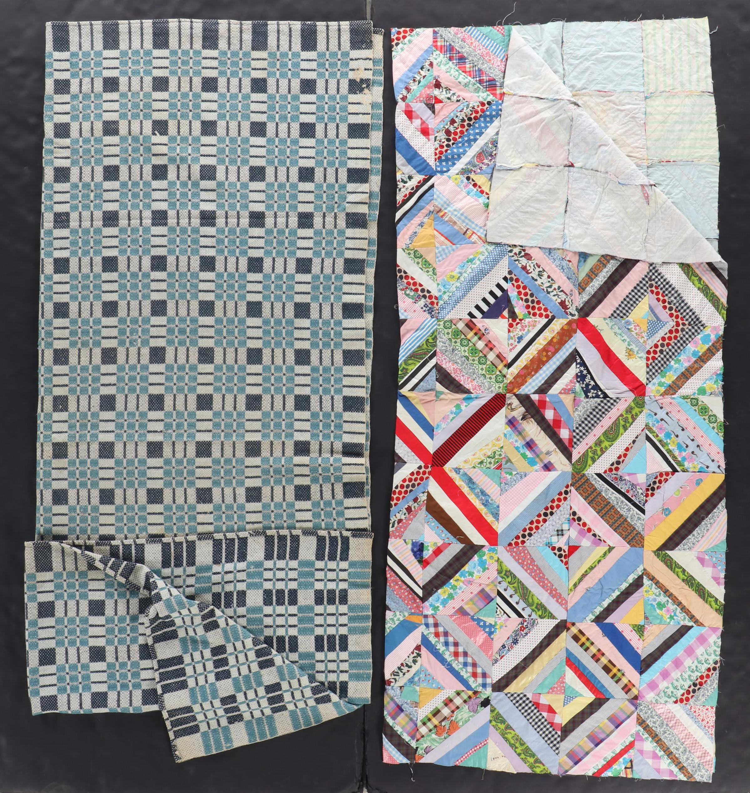 American Vintage Jacquard Woven Coverlet, "Log Cabin," Other Pieced Quilt Tops