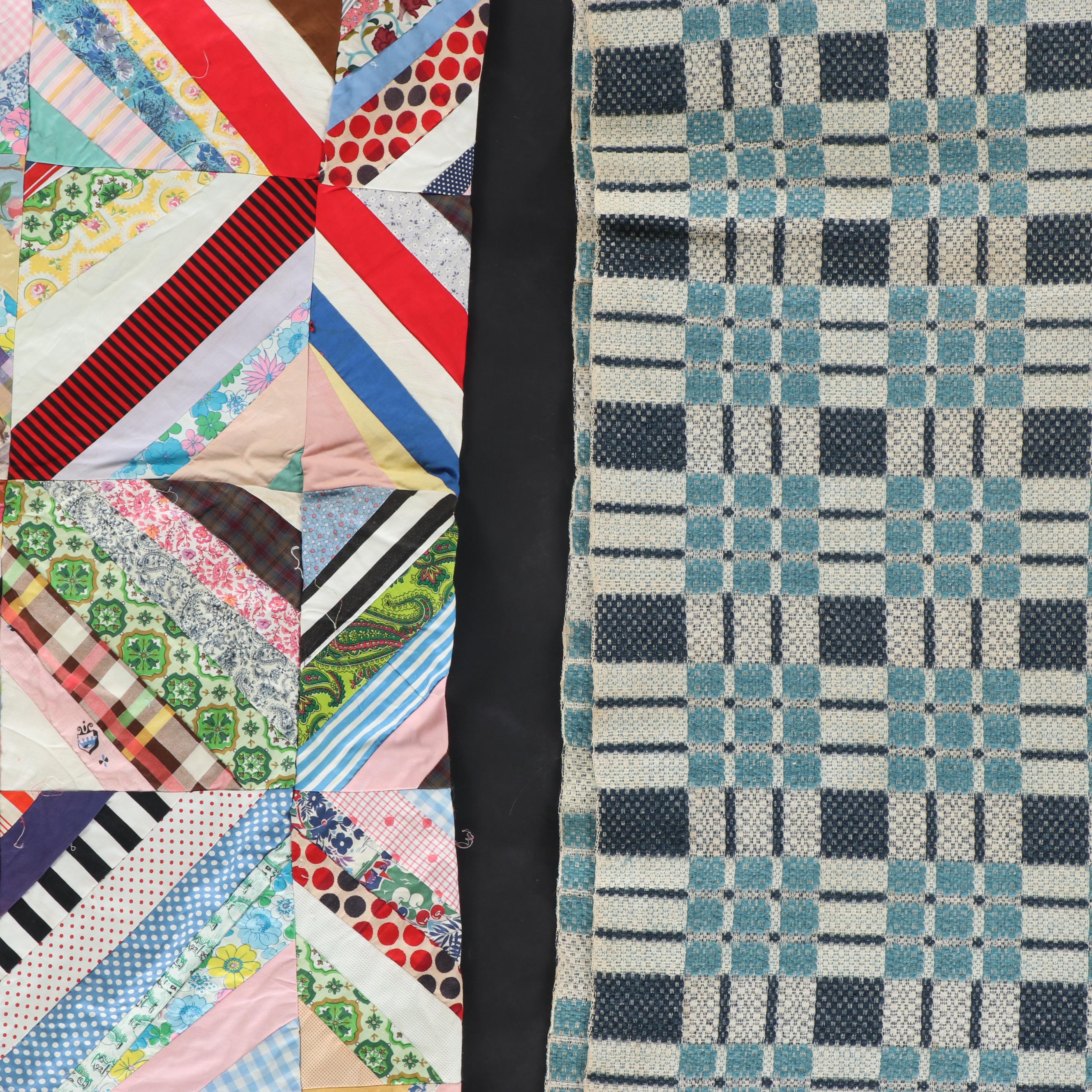 American Vintage Jacquard Woven Coverlet, "Log Cabin," Other Pieced Quilt Tops