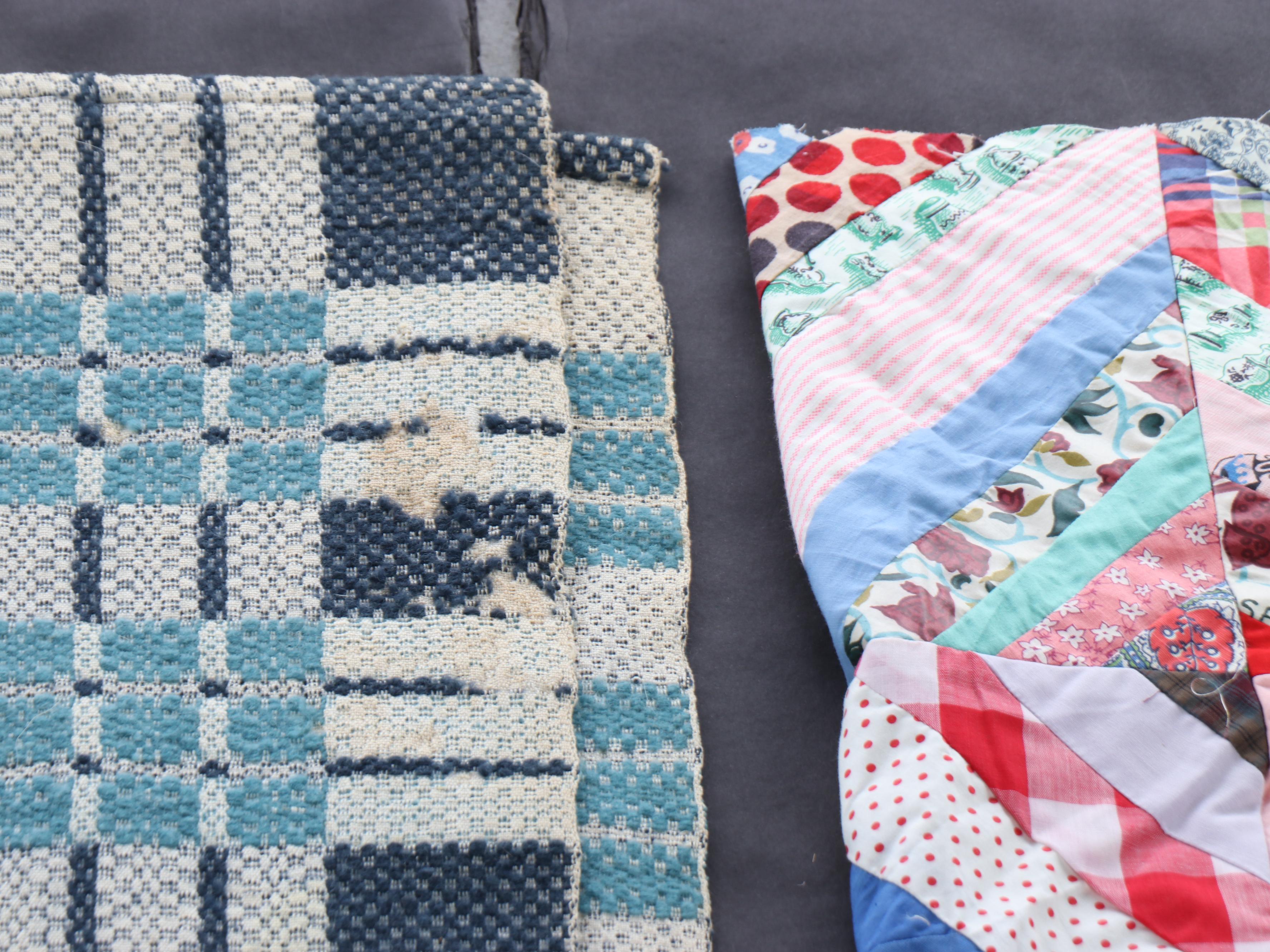 American Vintage Jacquard Woven Coverlet, "Log Cabin," Other Pieced Quilt Tops