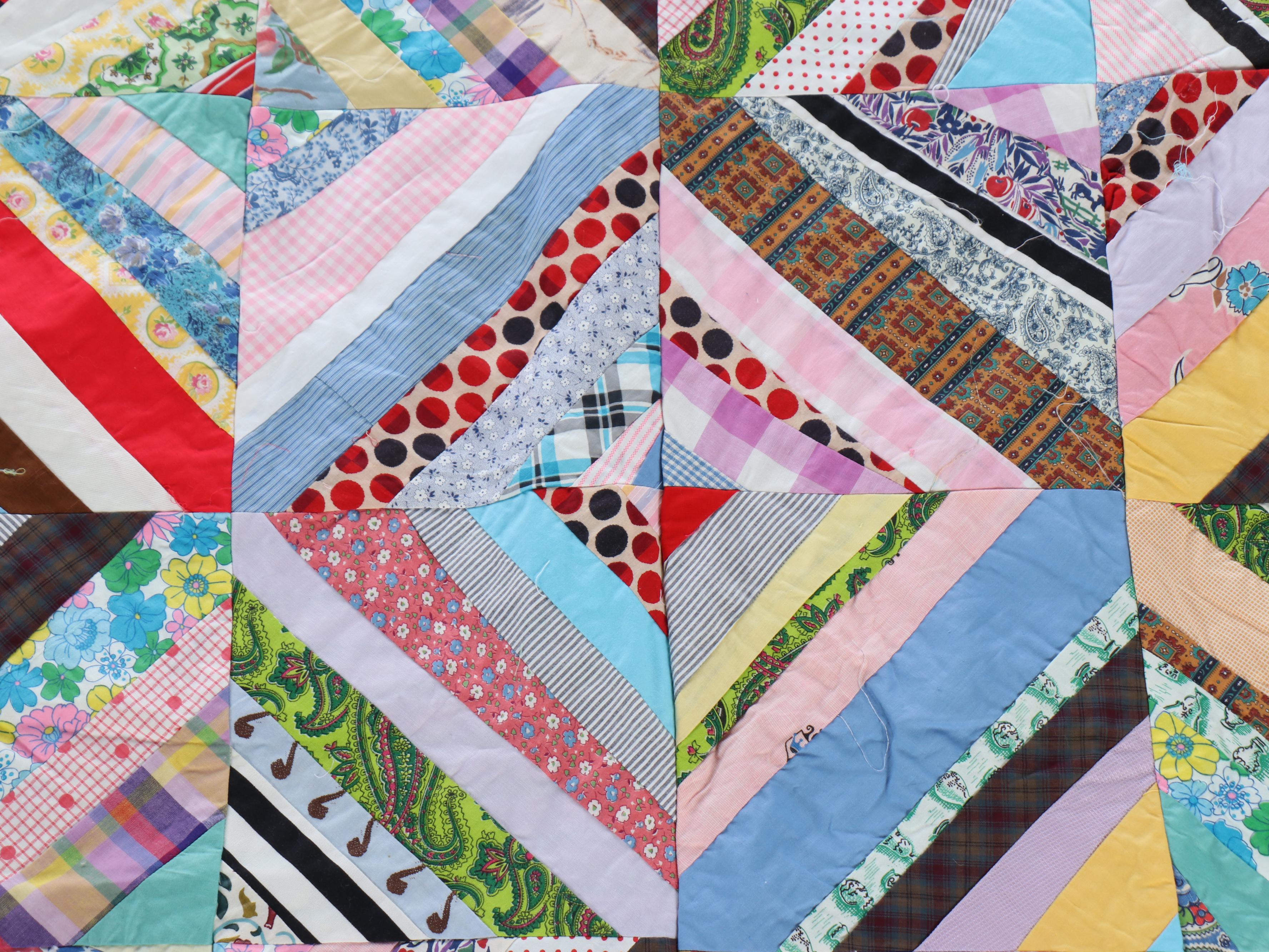 American Vintage Jacquard Woven Coverlet, "Log Cabin," Other Pieced Quilt Tops