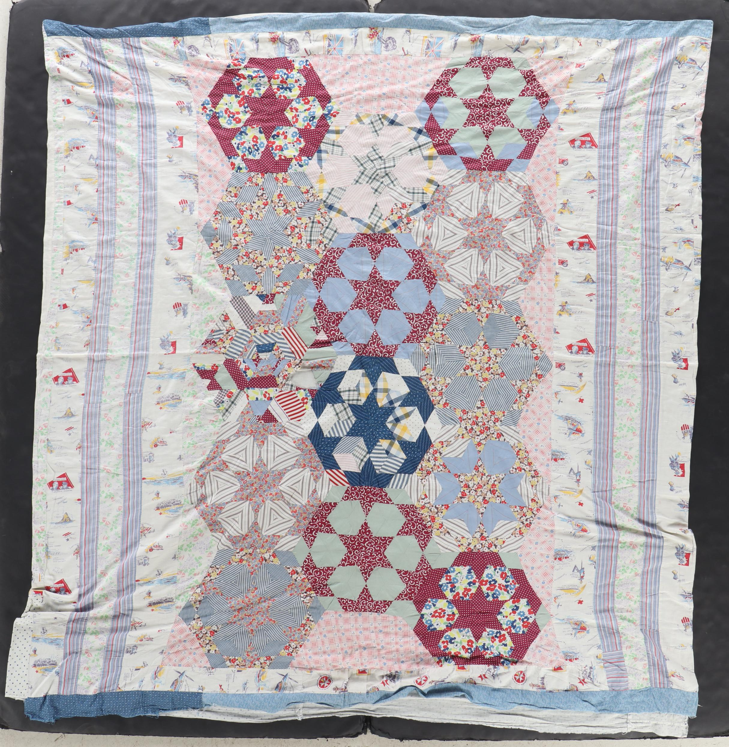 American Vintage Jacquard Woven Coverlet, "Log Cabin," Other Pieced Quilt Tops