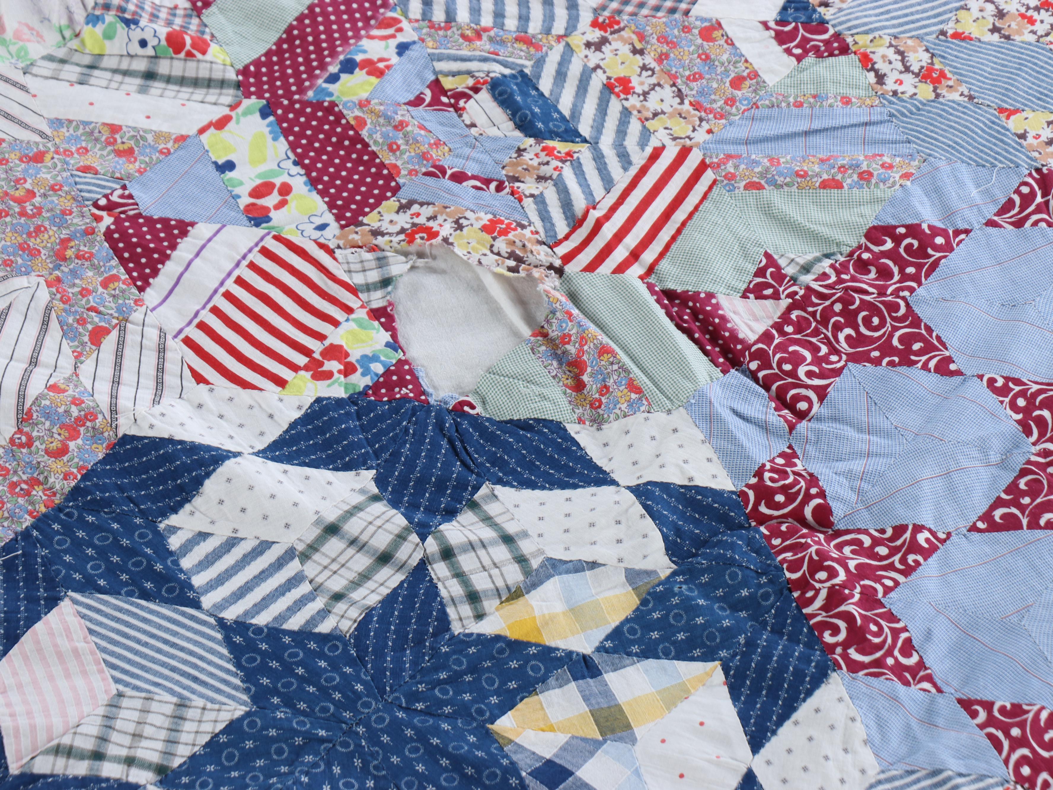 American Vintage Jacquard Woven Coverlet, "Log Cabin," Other Pieced Quilt Tops