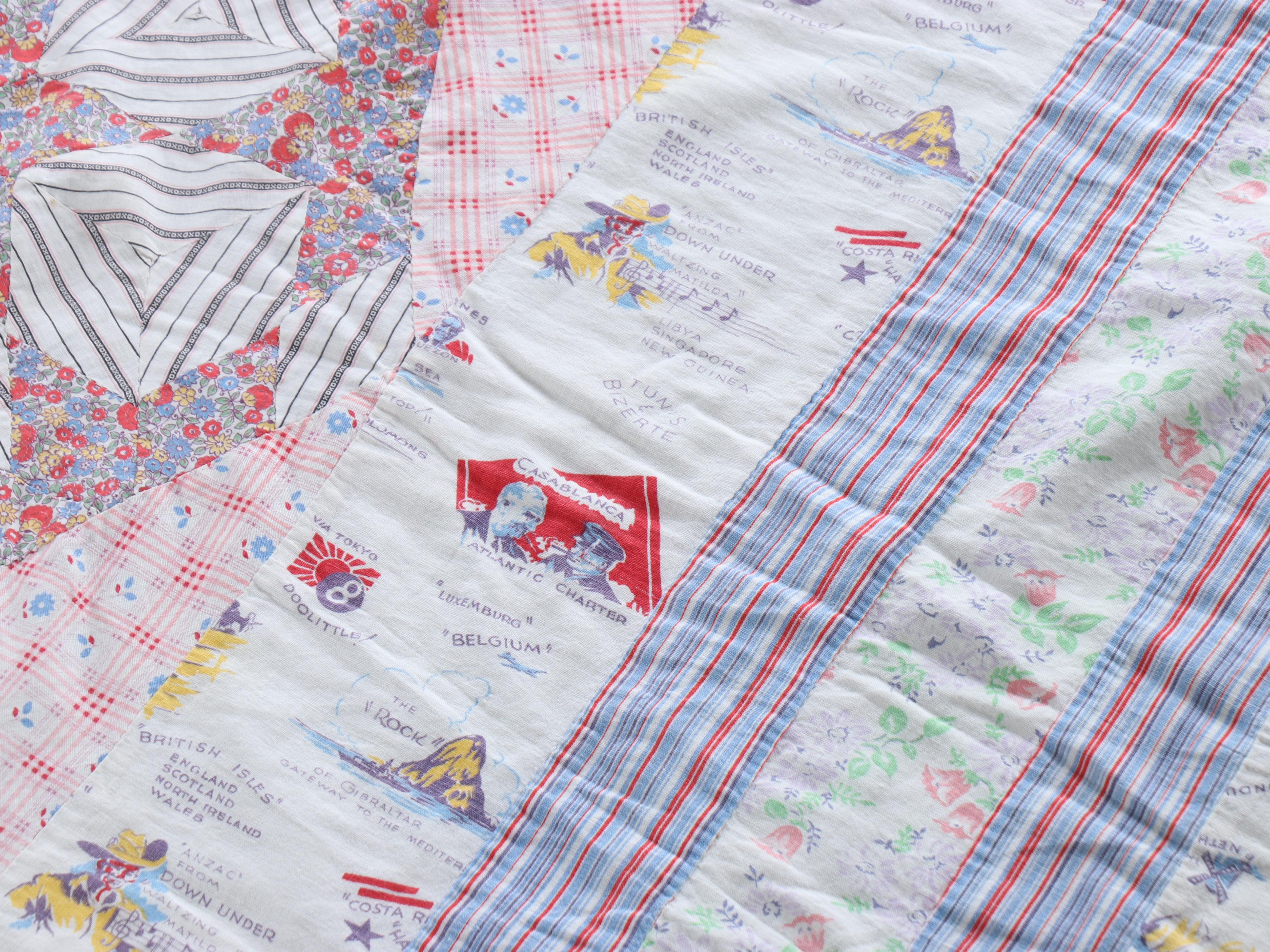 American Vintage Jacquard Woven Coverlet, "Log Cabin," Other Pieced Quilt Tops