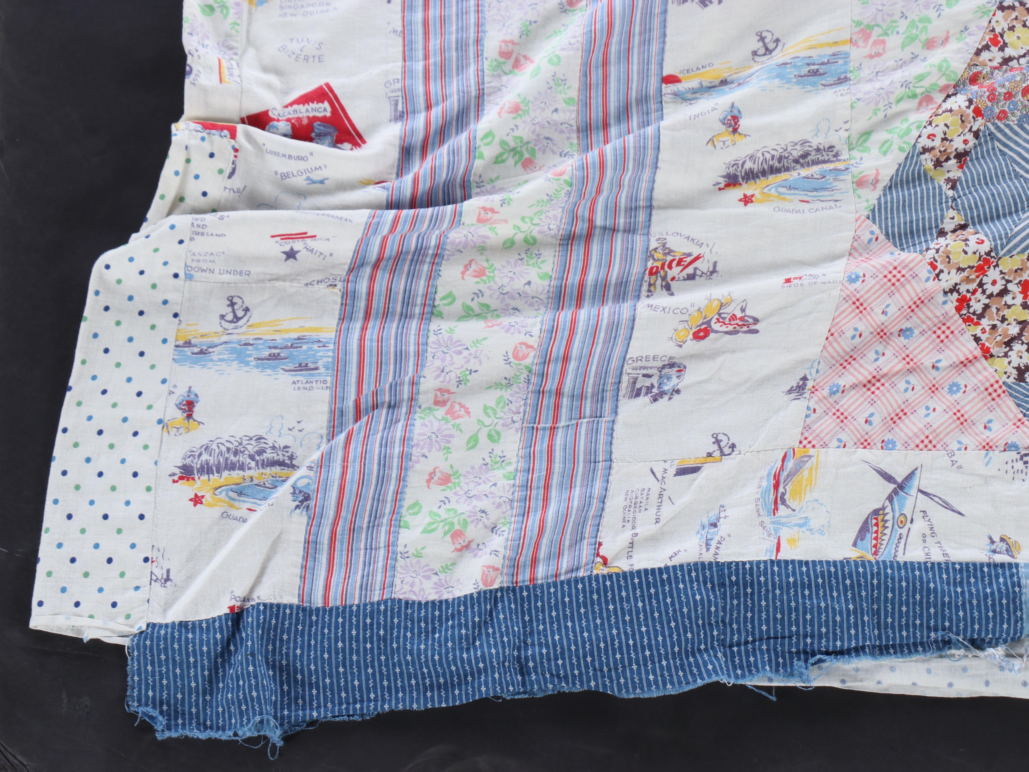 American Vintage Jacquard Woven Coverlet, "Log Cabin," Other Pieced Quilt Tops