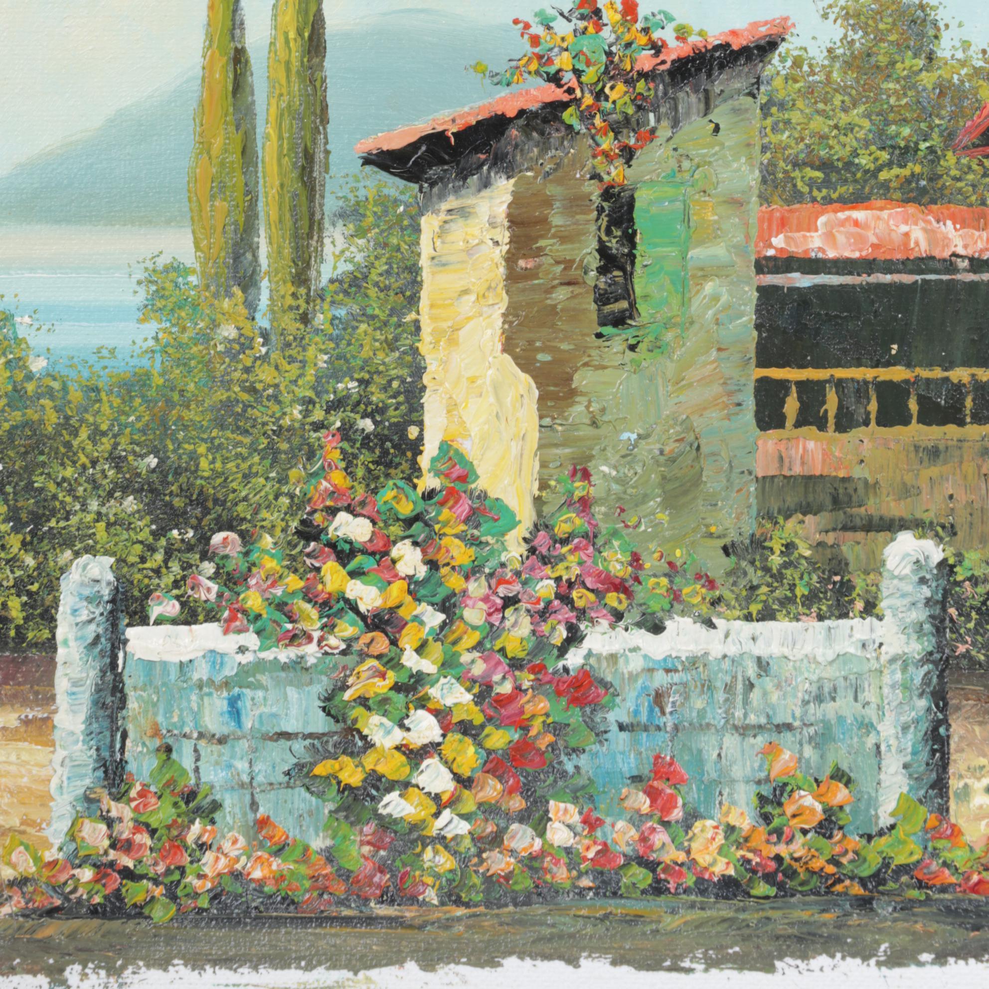 Romano Rossini Rustic Villa Garden Scene Scene Oil Painting, Early 20th Century