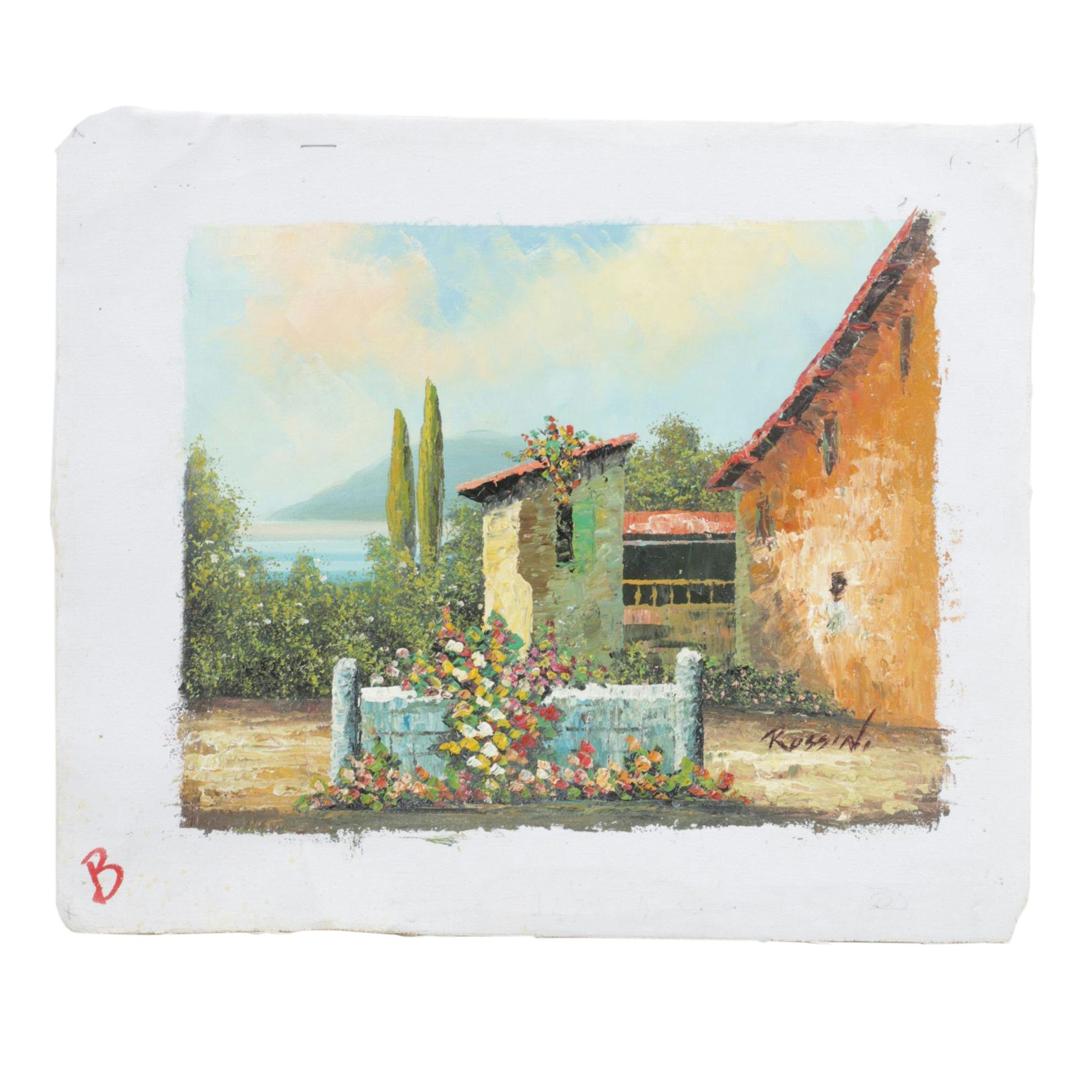 Romano Rossini Rustic Villa Garden Scene Scene Oil Painting, Early 20th Century