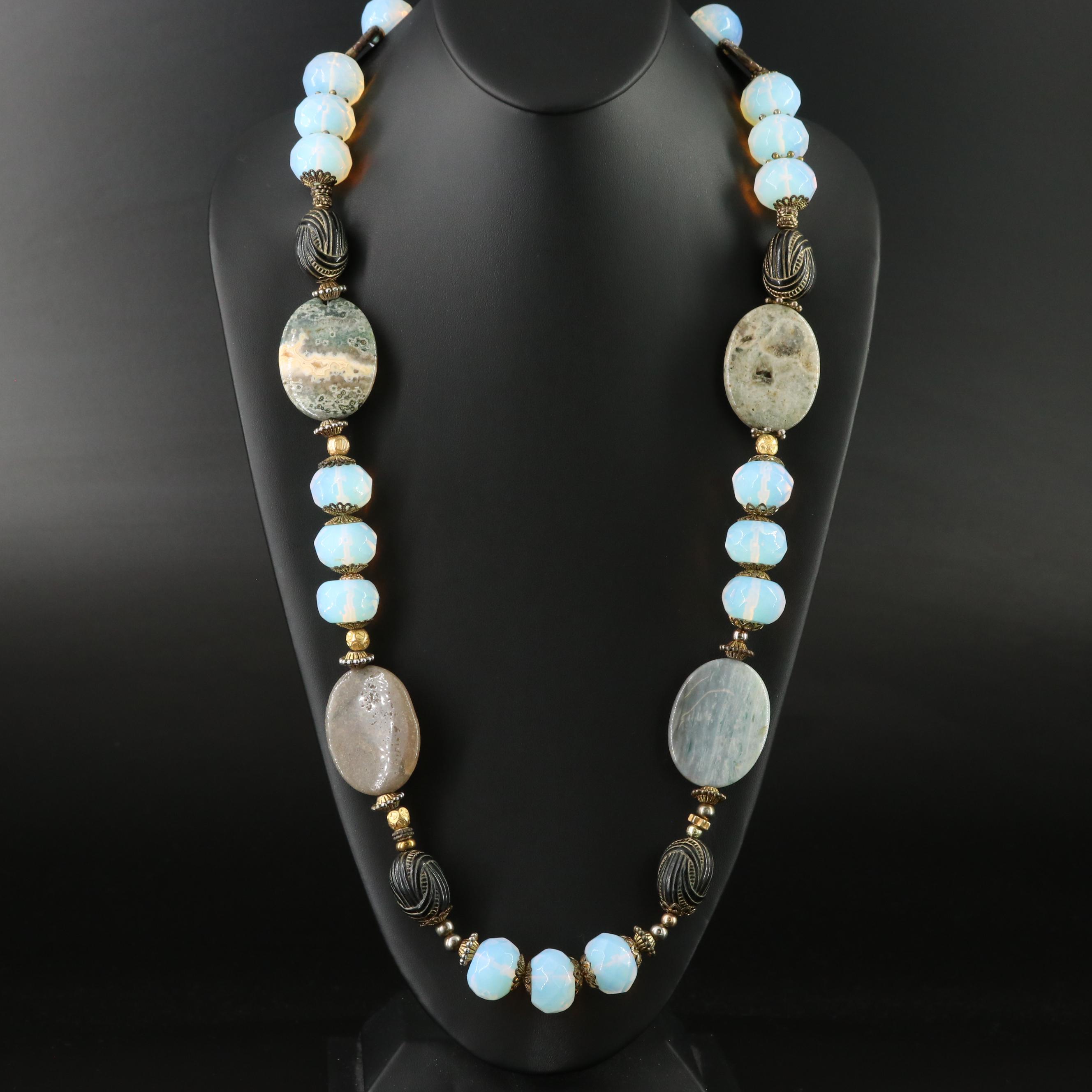Opaline Glass, Agate and Gemstone Necklace
