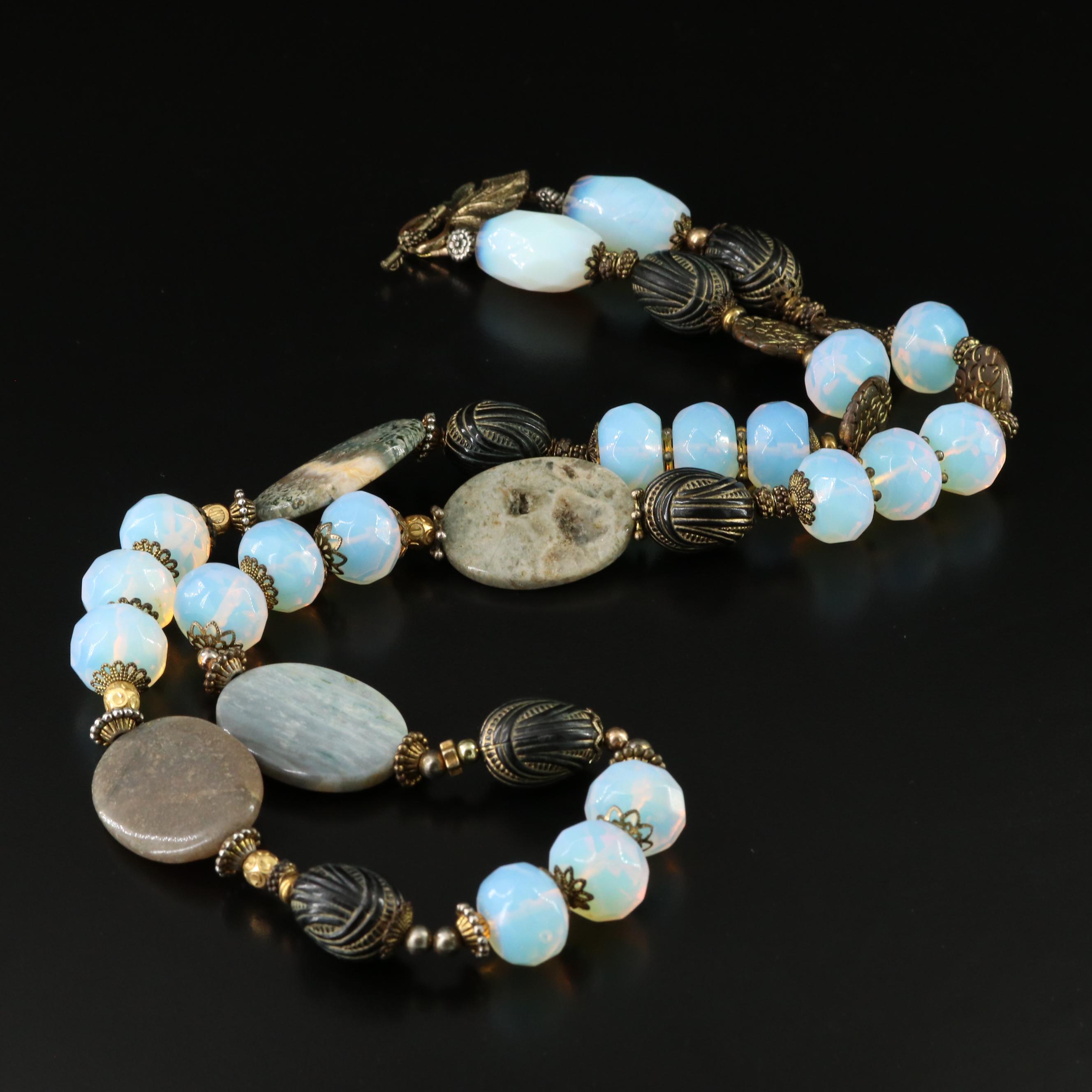 Opaline Glass, Agate and Gemstone Necklace