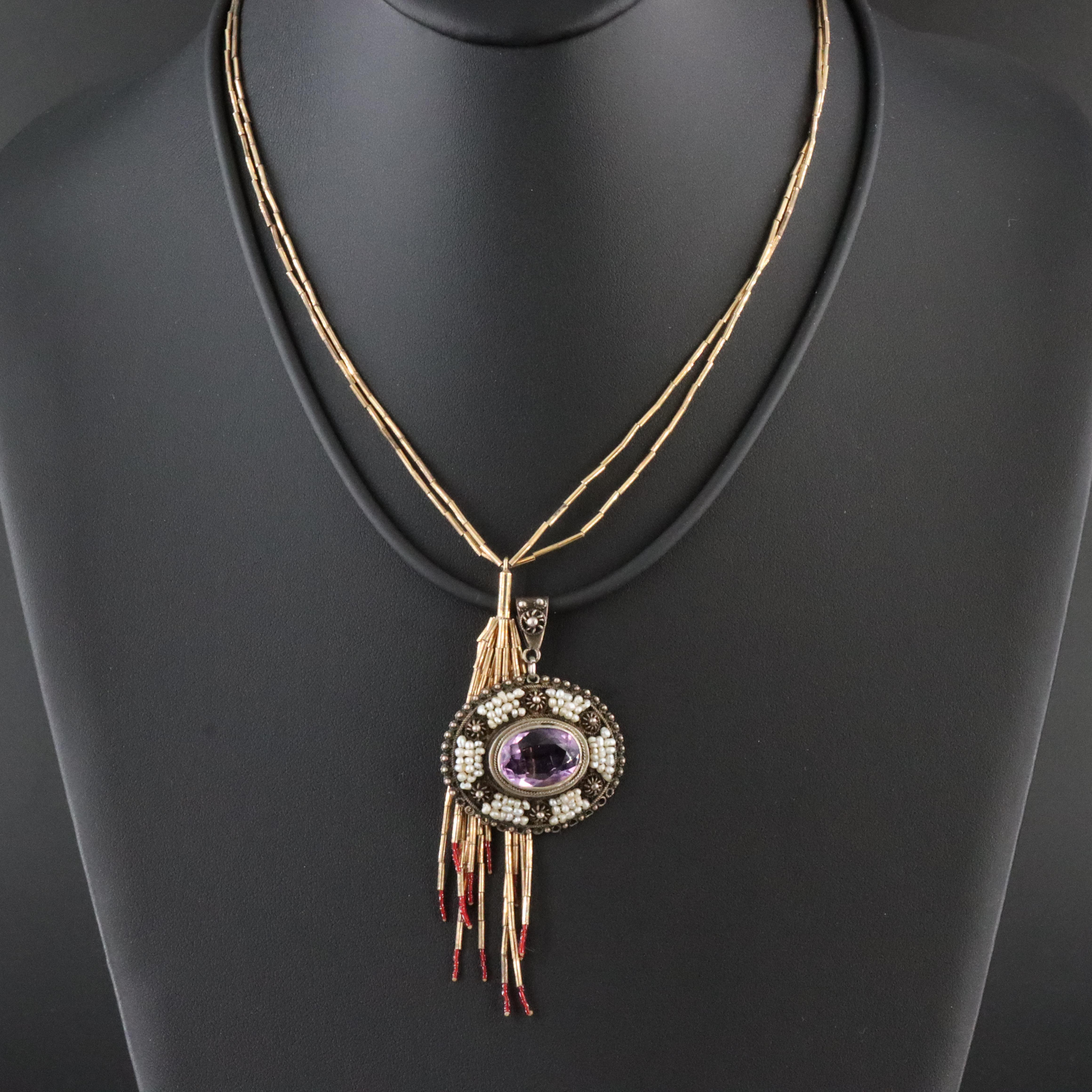 Sterling Tassel & Cloisonne Pendant Necklaces with 14K Clasp