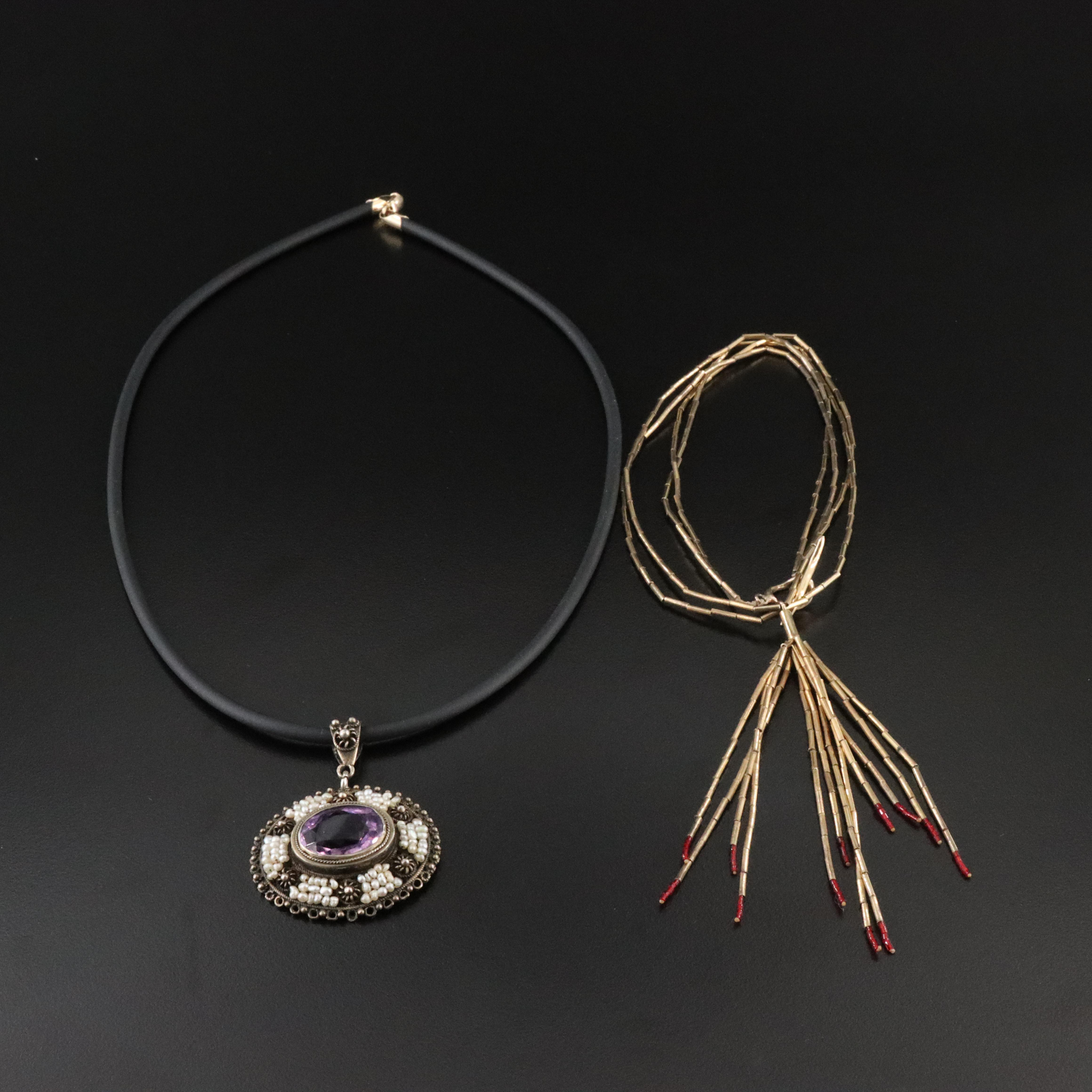 Sterling Tassel & Cloisonne Pendant Necklaces with 14K Clasp