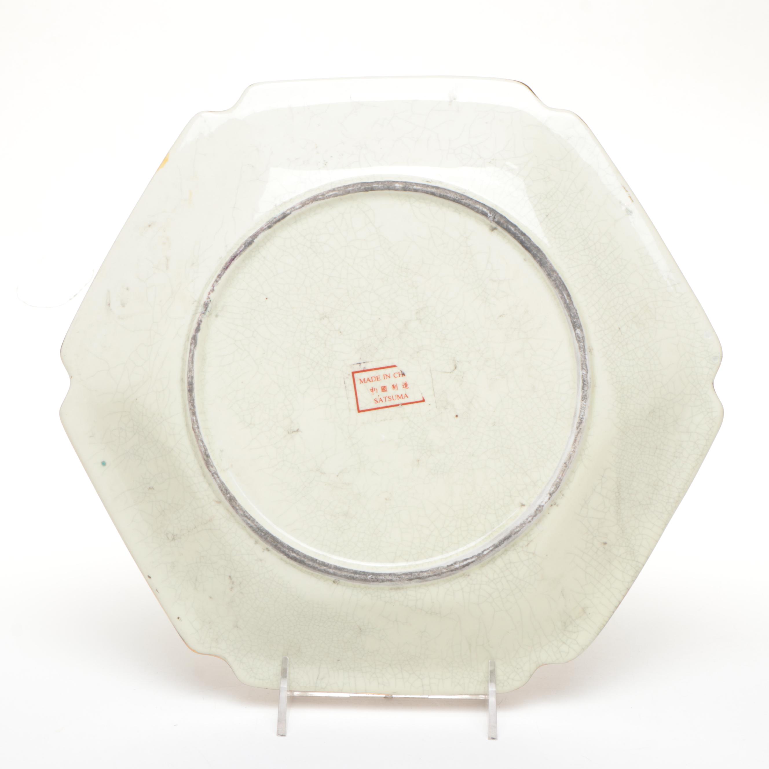 Pair of Chinese Satsuma Ceramic Candlesticks and Plate