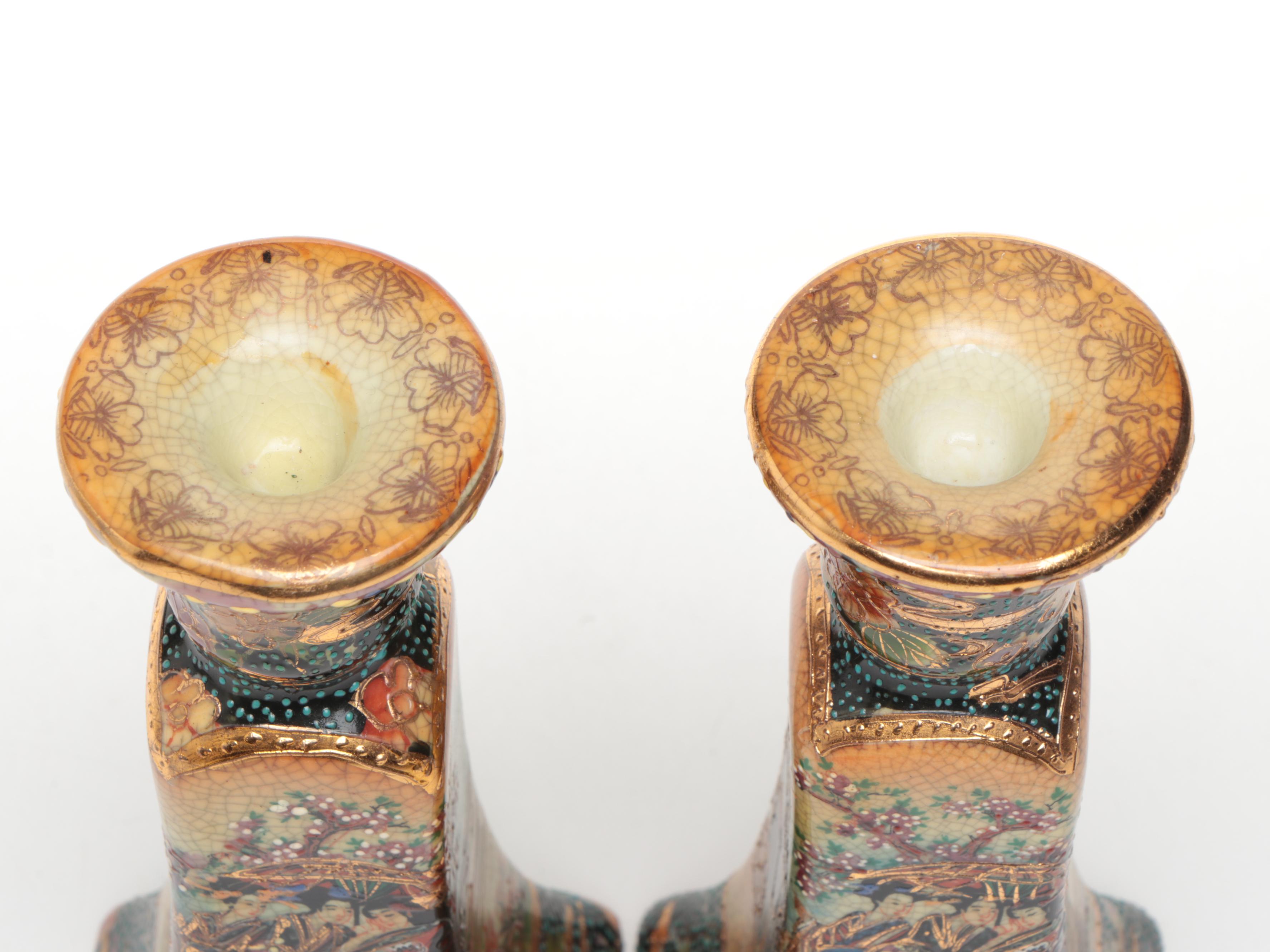 Pair of Chinese Satsuma Ceramic Candlesticks and Plate
