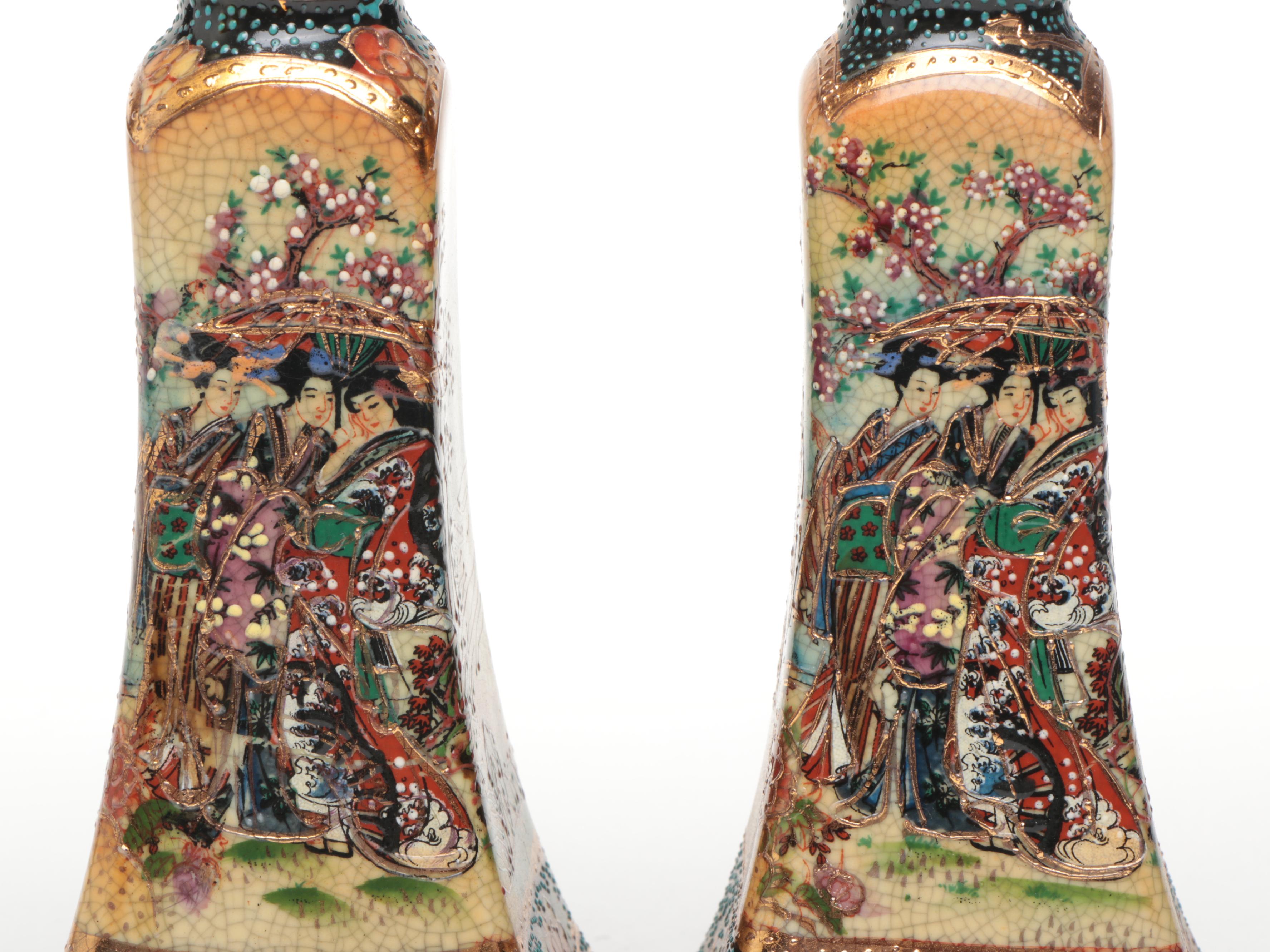 Pair of Chinese Satsuma Ceramic Candlesticks and Plate