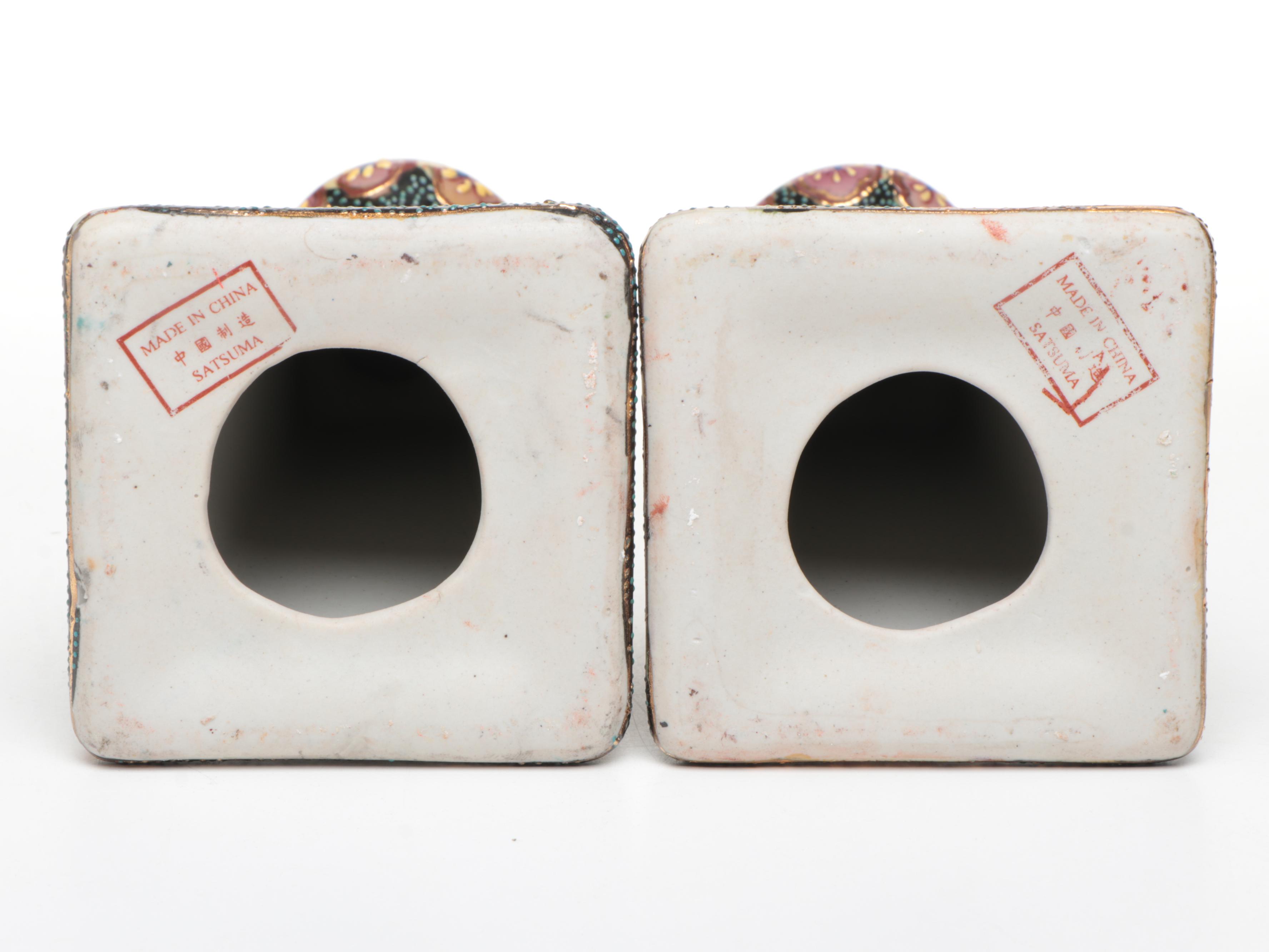 Pair of Chinese Satsuma Ceramic Candlesticks and Plate