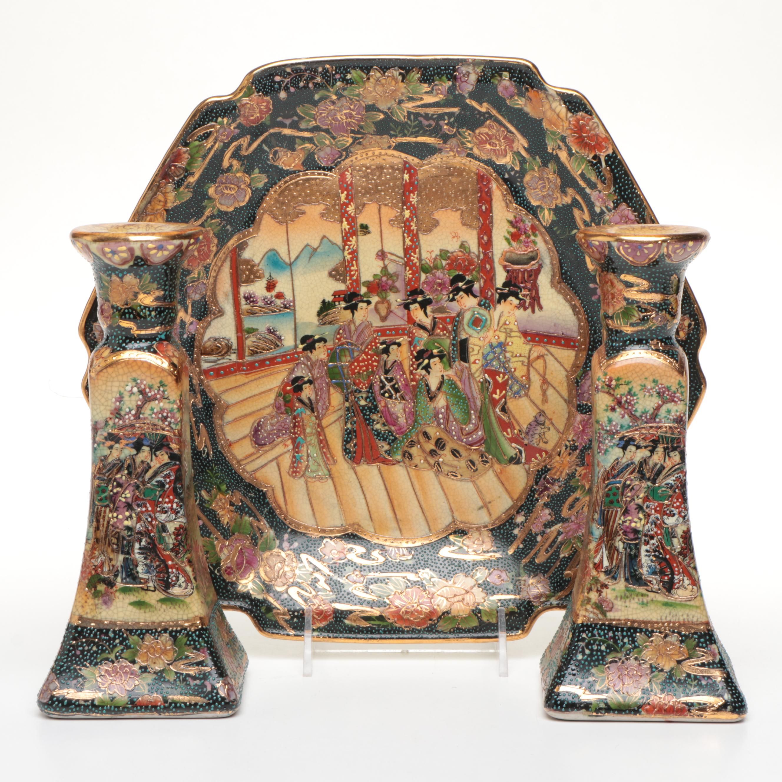 Pair of Chinese Satsuma Ceramic Candlesticks and Plate