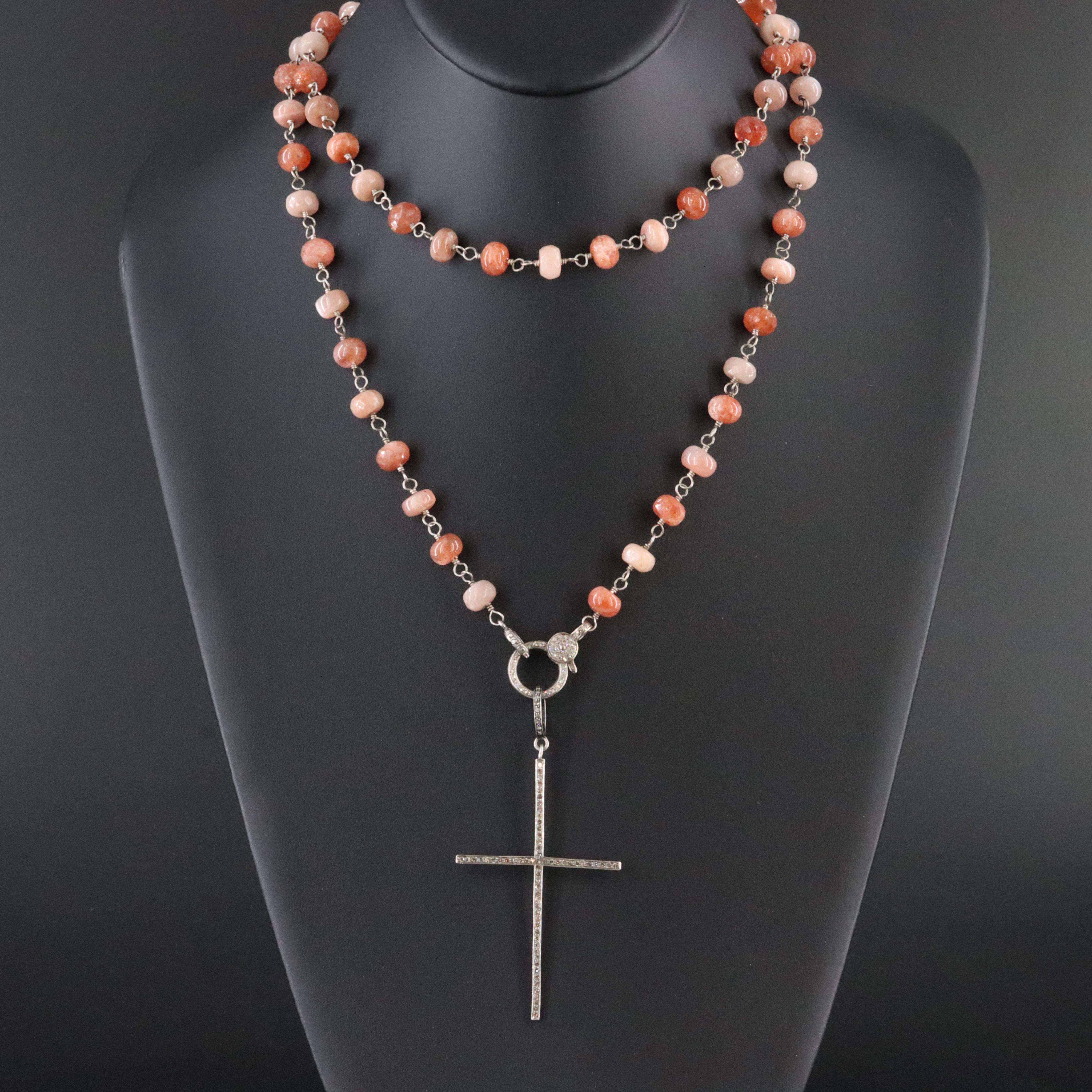 Sheryl Lowe Sterling Sunstone and Diamond Cross Necklace