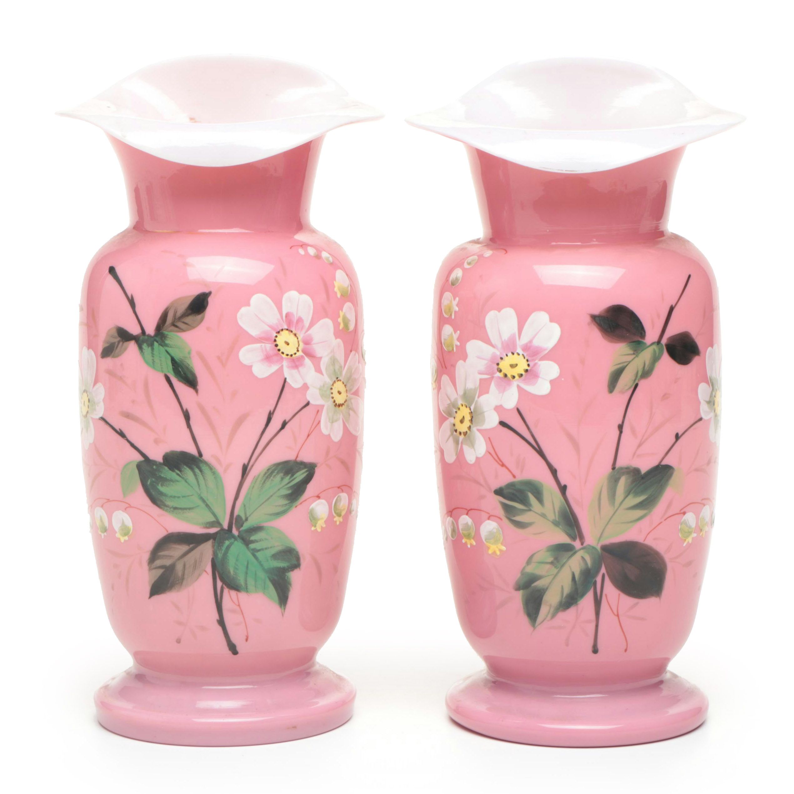 Victorian Hand-Painted Floral Bristol Glass Vases, Late 19th/Early 20th Century
