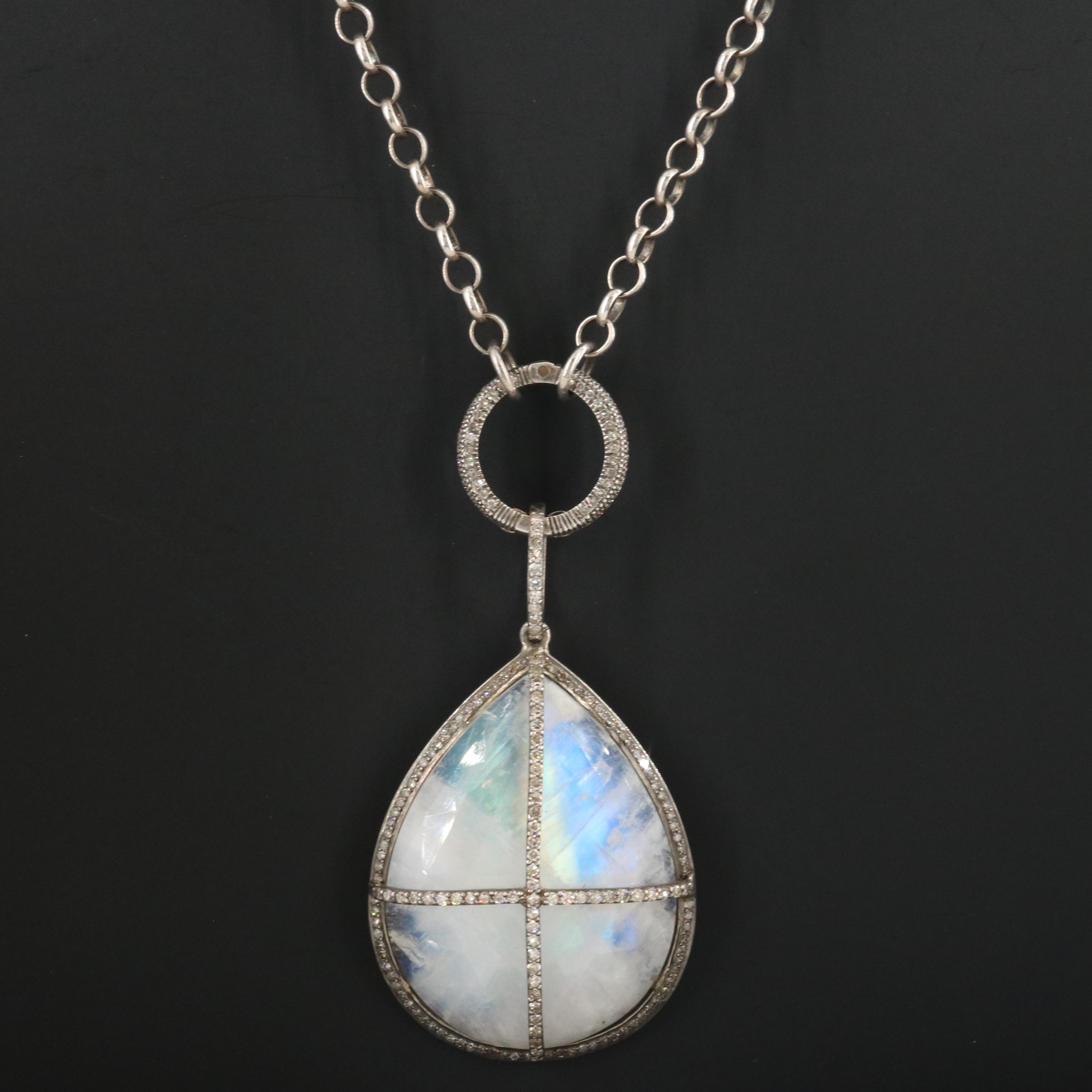 Sterling Rainbow Moonstone and Diamond Necklace Attributed to Sheryl Lowe