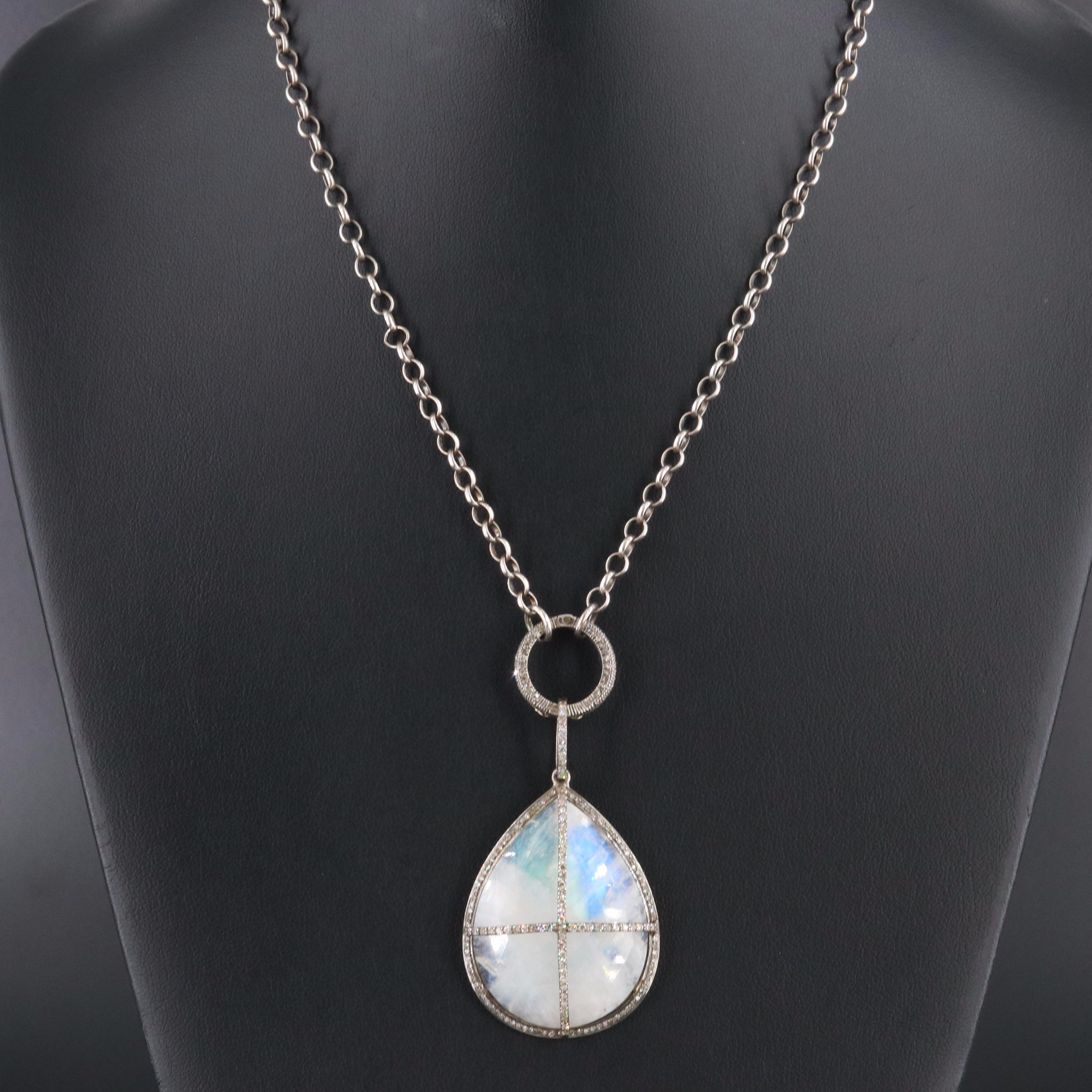 Sterling Rainbow Moonstone and Diamond Necklace Attributed to Sheryl Lowe