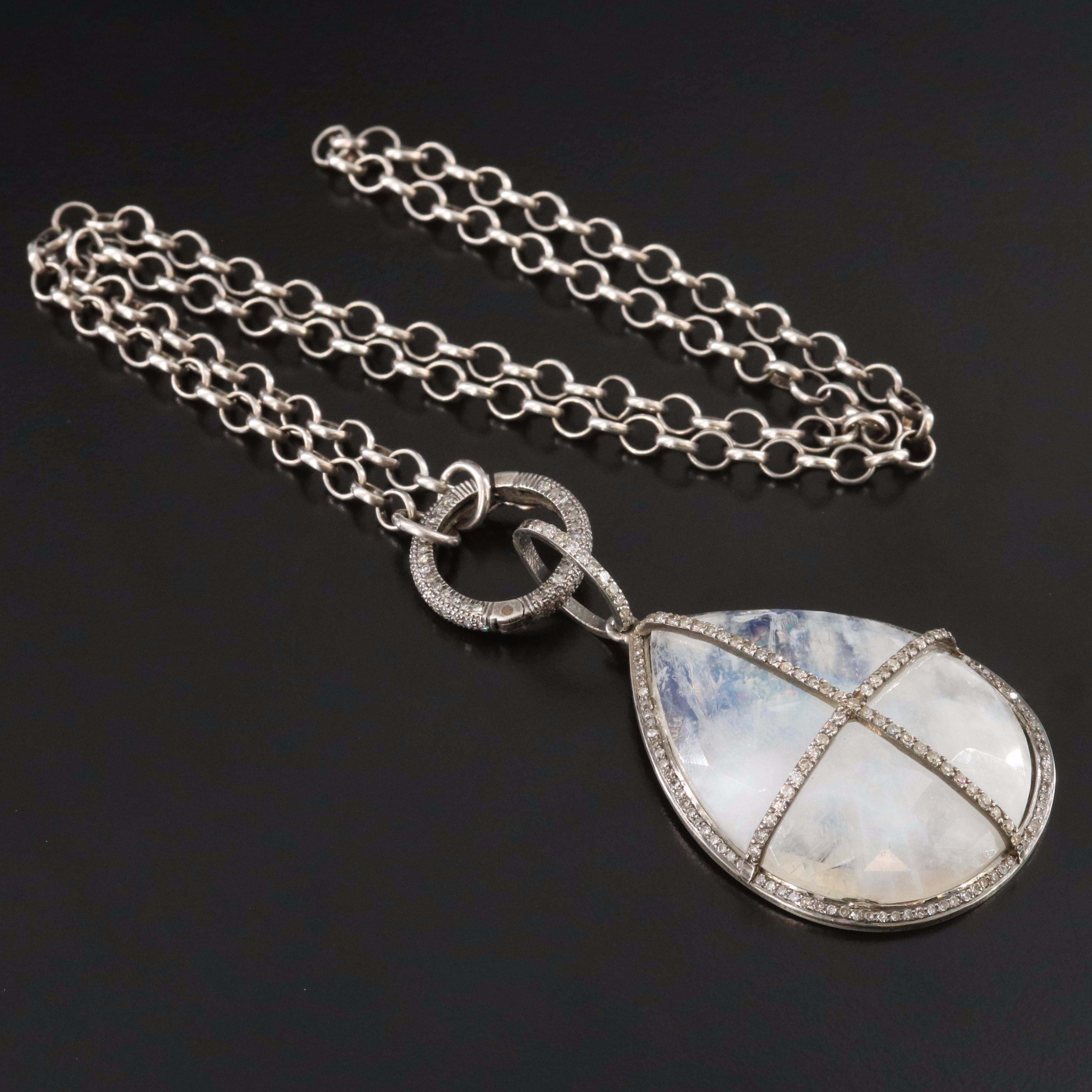 Sterling Rainbow Moonstone and Diamond Necklace Attributed to Sheryl Lowe