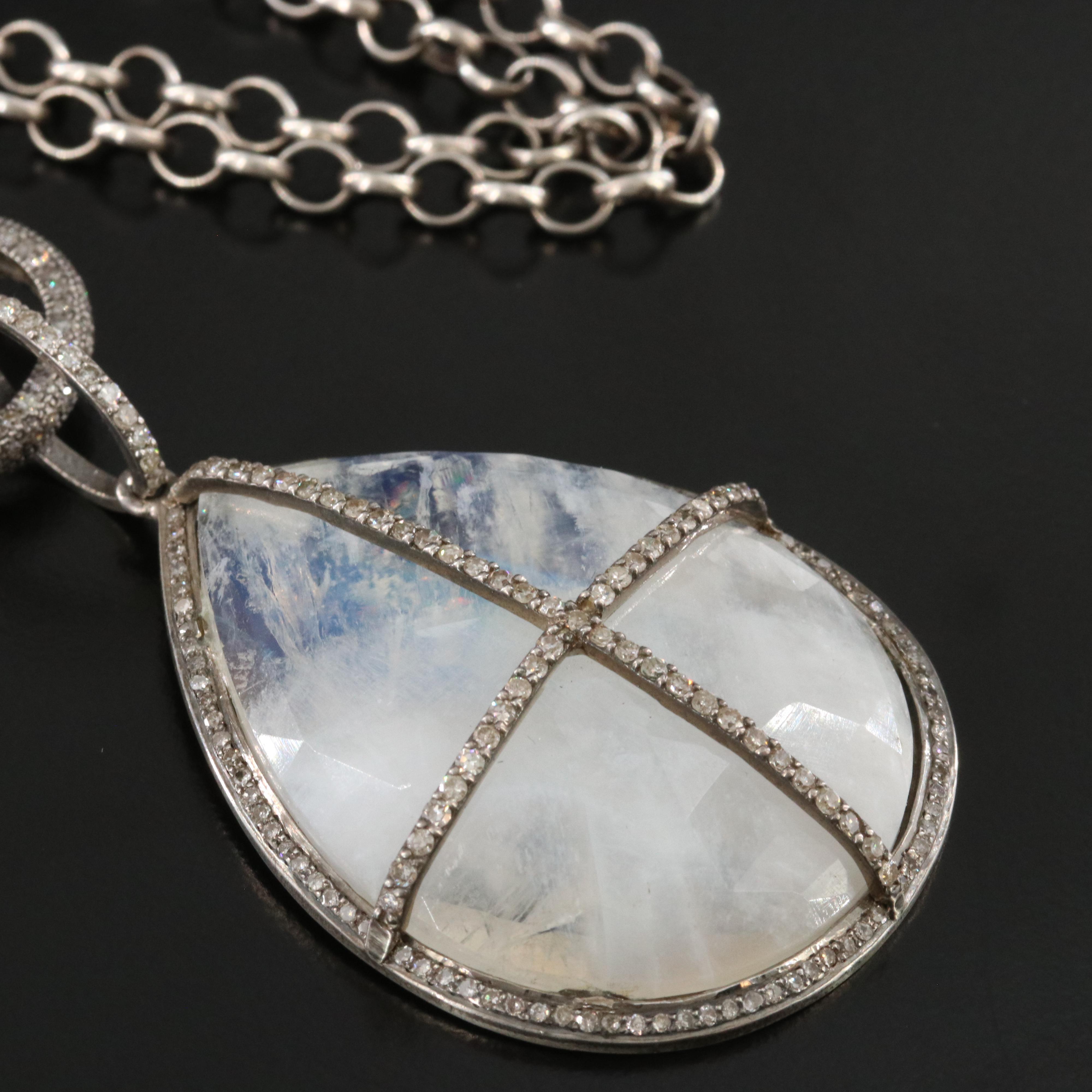 Sterling Rainbow Moonstone and Diamond Necklace Attributed to Sheryl Lowe