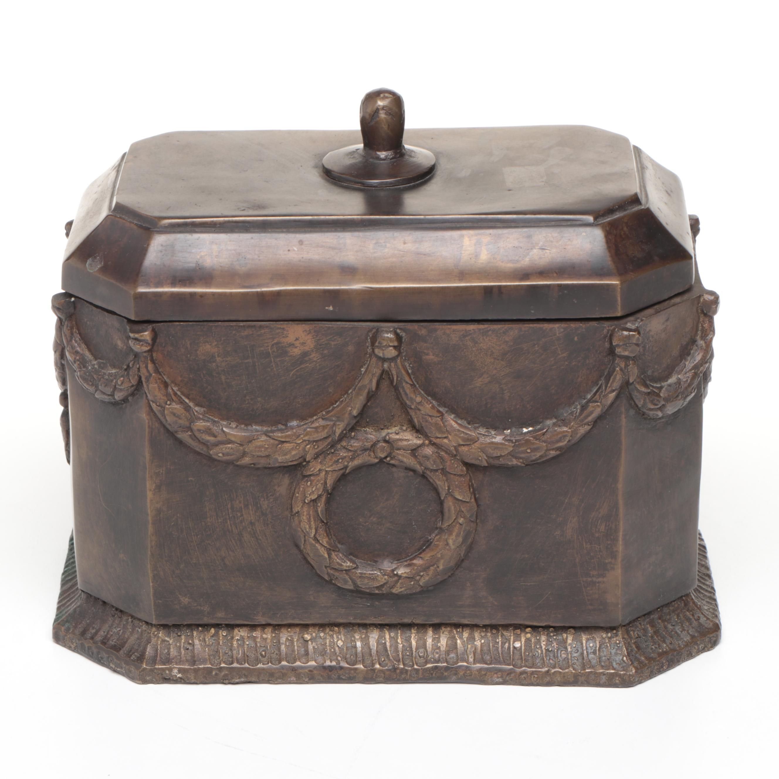 Neoclassical Style Brass Lidded Box with Laurel Wreath Motif