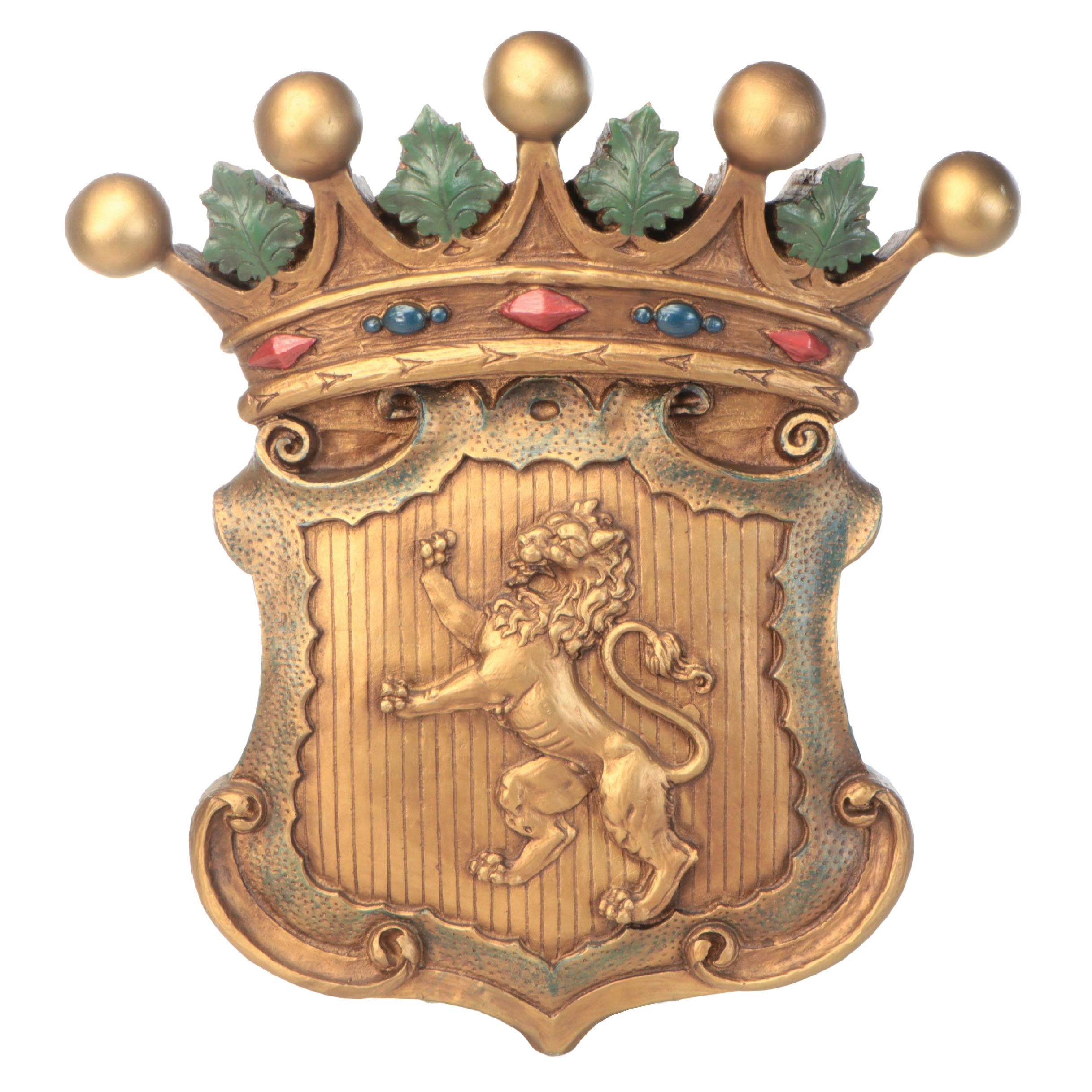 Heraldic Rampant Lion with Crown Coat of Arms Wall Hanging, 21st Century