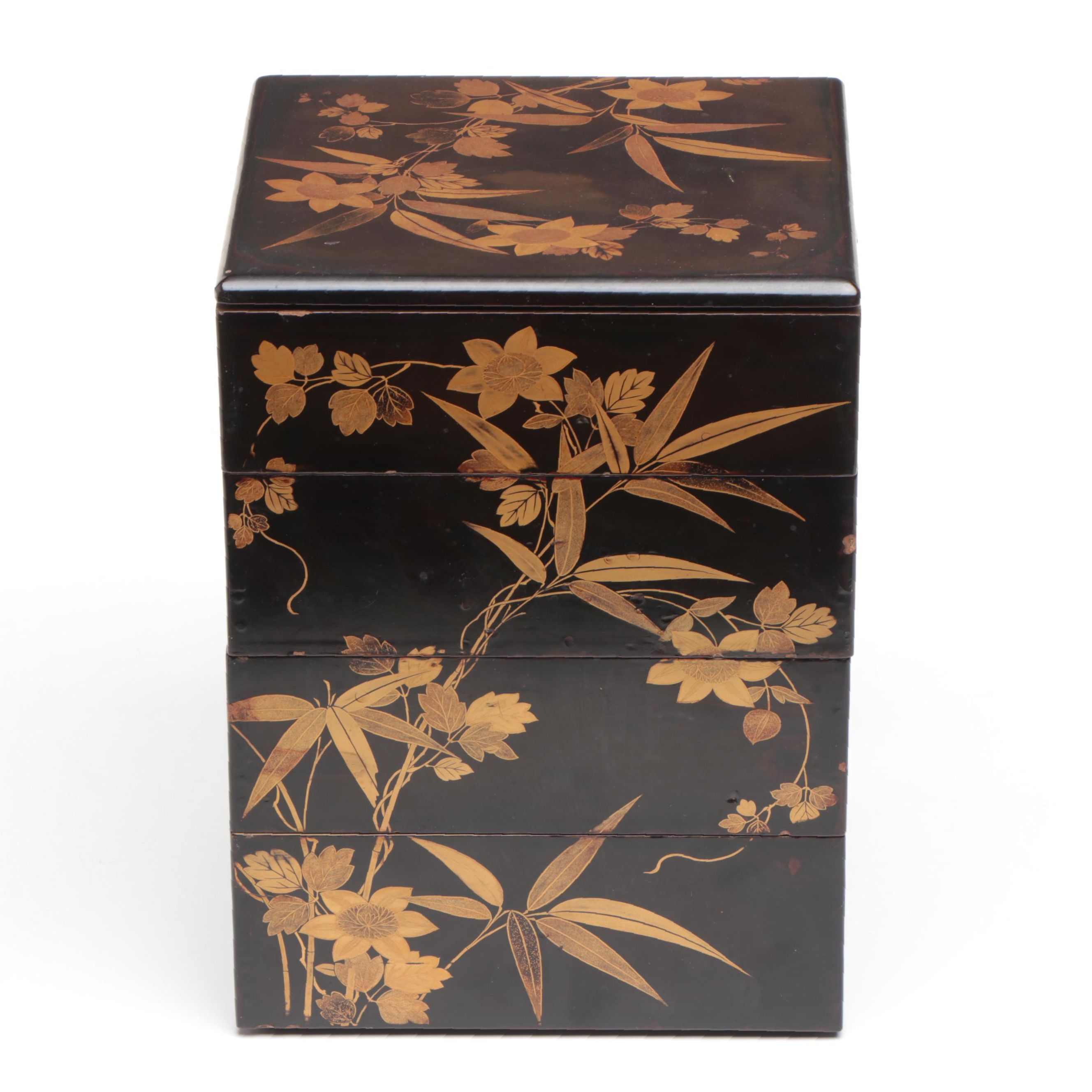 Japanese Gold Gilt Bamboo and Floral Motif Four Tier Laquerware Bento Box