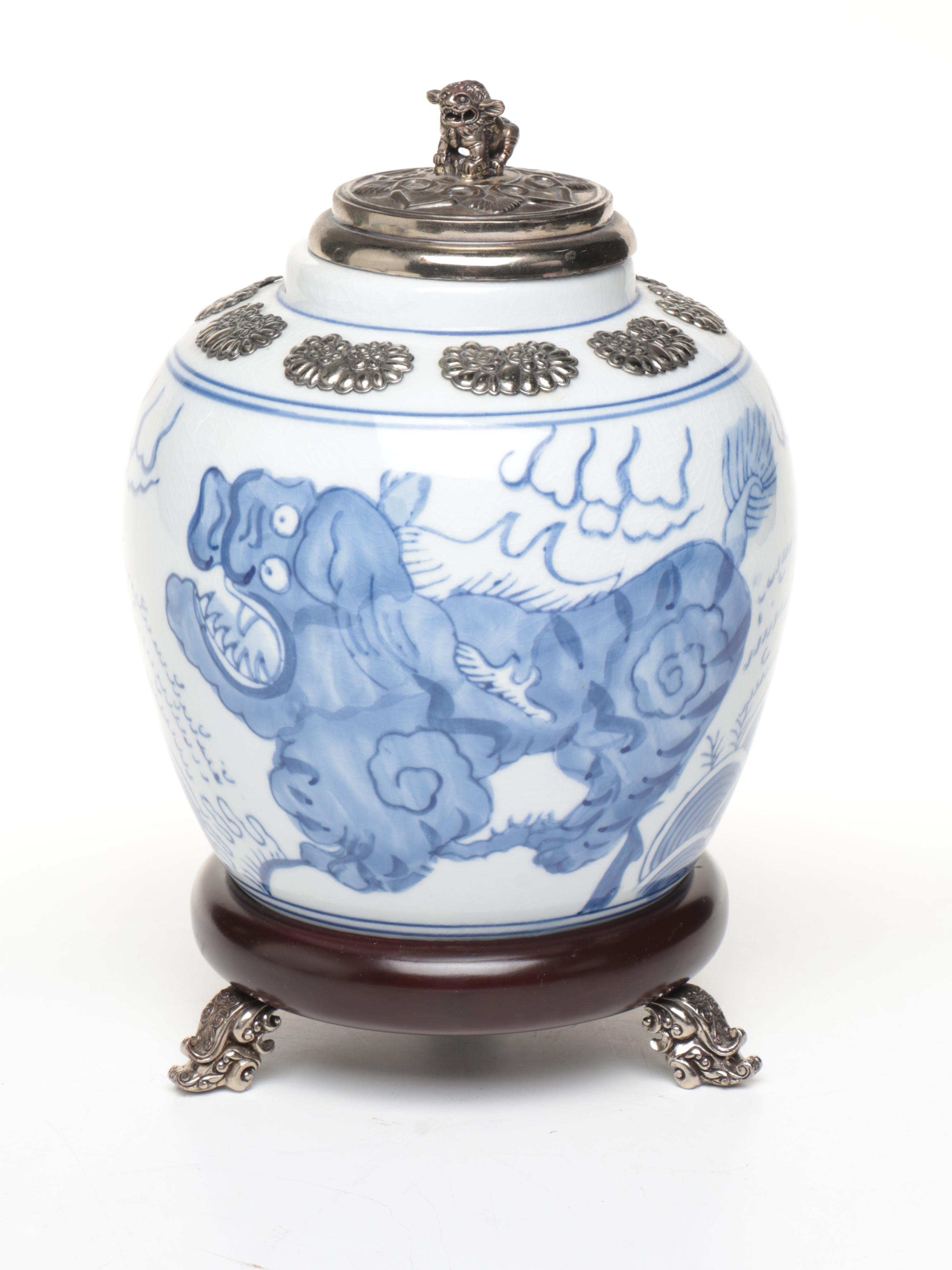 Chinese Style Porcelain Ginger Jar with Metal Embellishments and Other Decor
