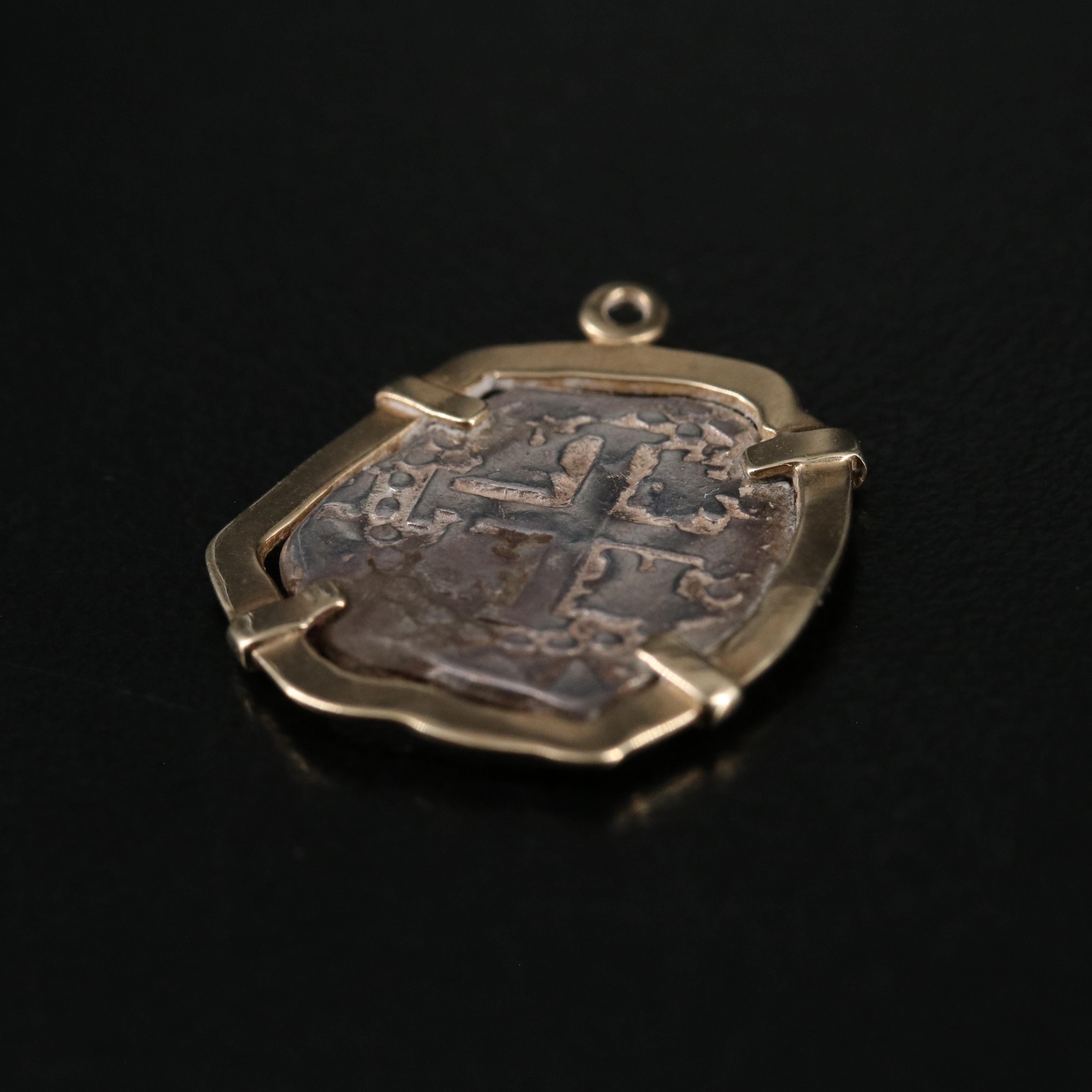 17th Century Spanish Colonial 2-Reales Silver Cob Coin 14K Pendant
