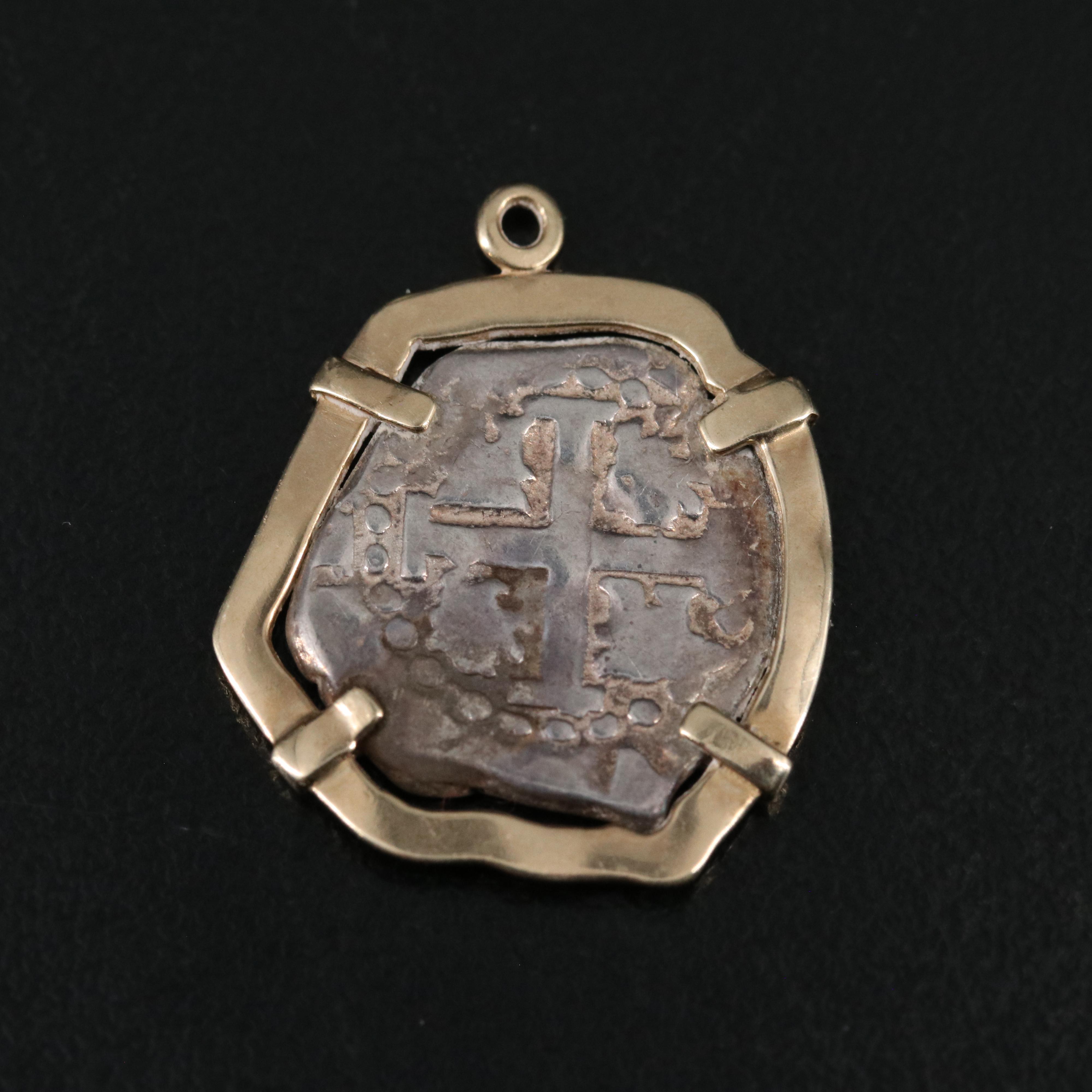 17th Century Spanish Colonial 2-Reales Silver Cob Coin 14K Pendant