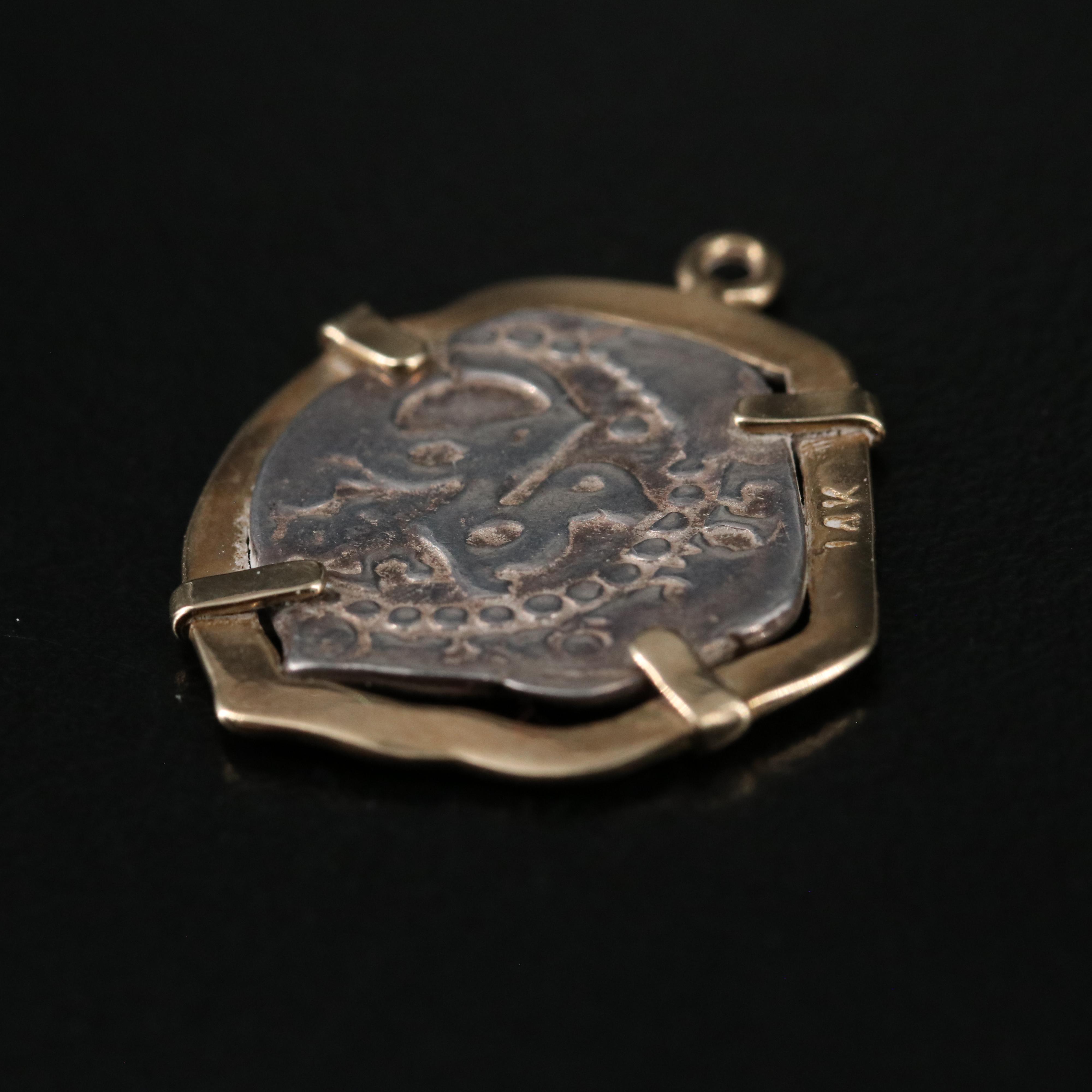 17th Century Spanish Colonial 2-Reales Silver Cob Coin 14K Pendant