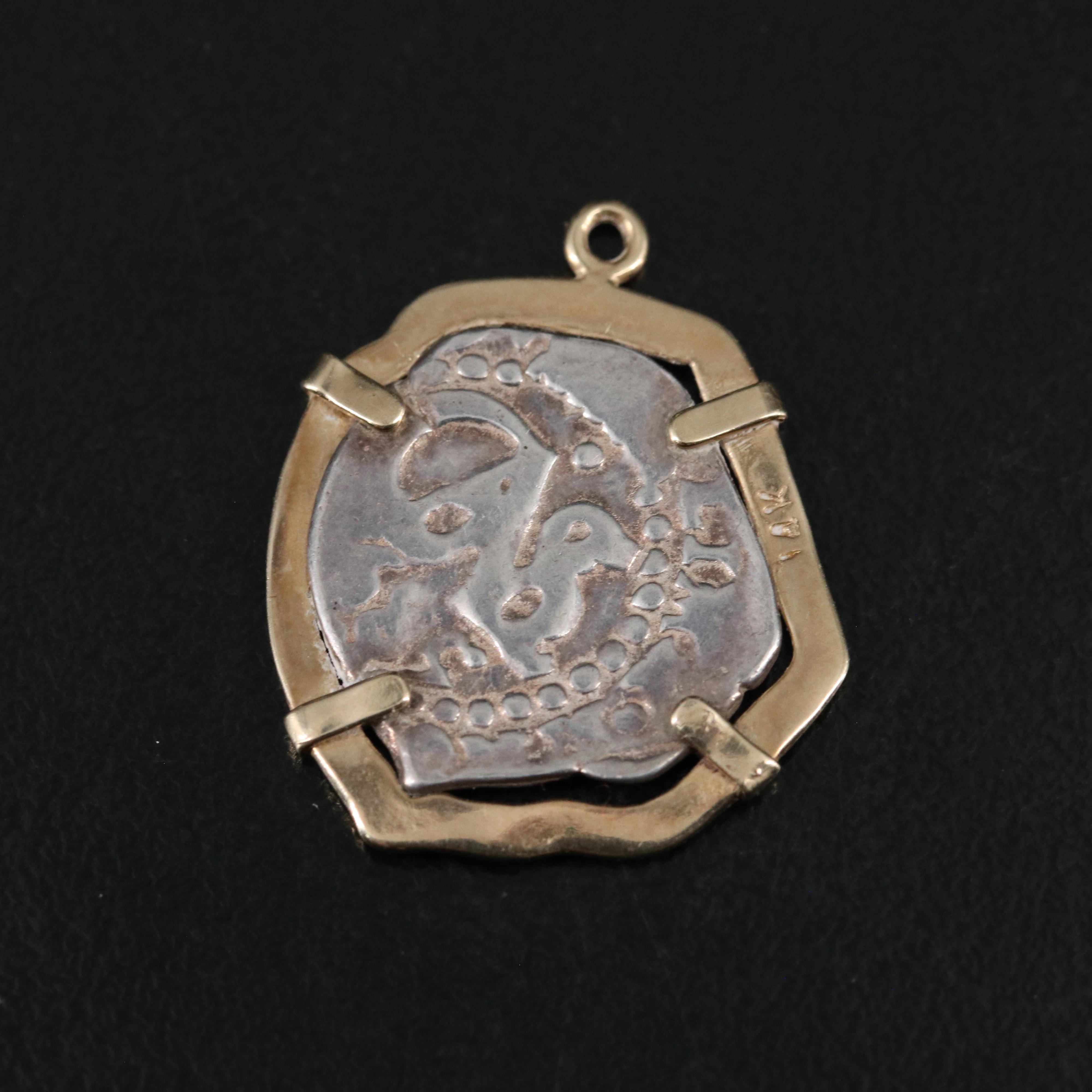 17th Century Spanish Colonial 2-Reales Silver Cob Coin 14K Pendant