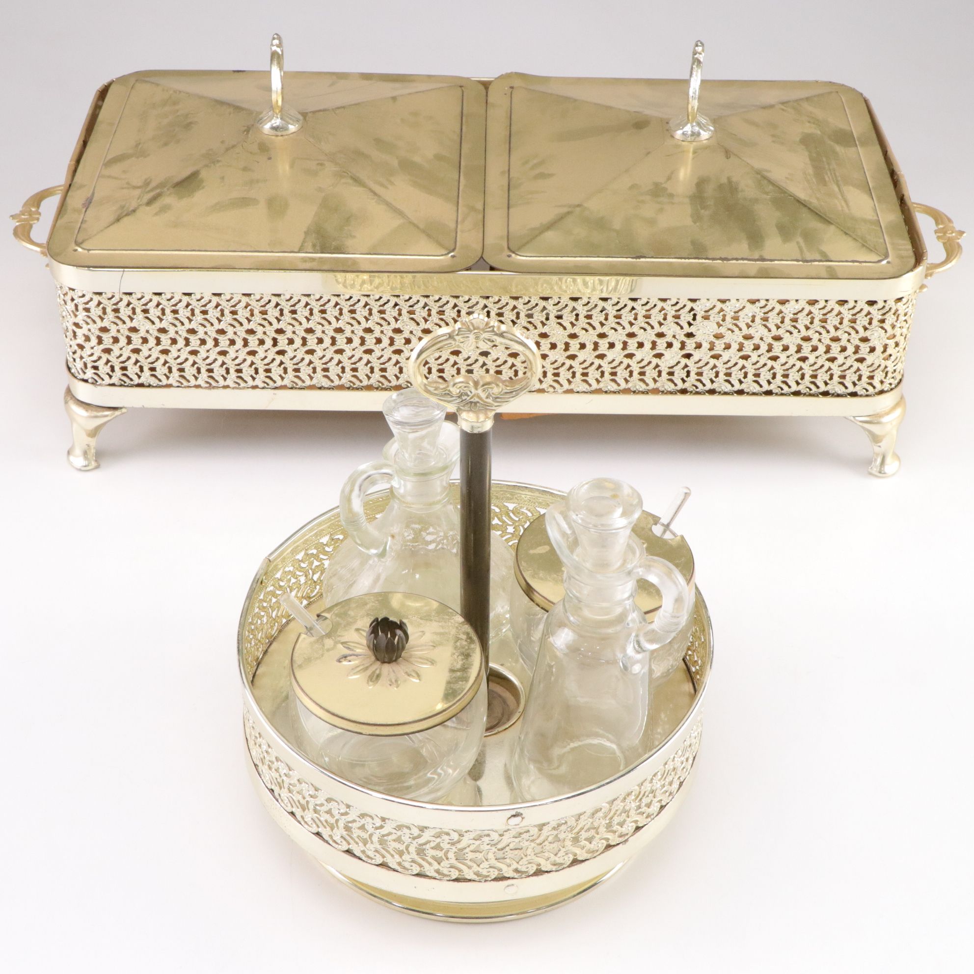 Metal Casserole Dish Warmer and Condiment Set, Mid to Late 20th Century