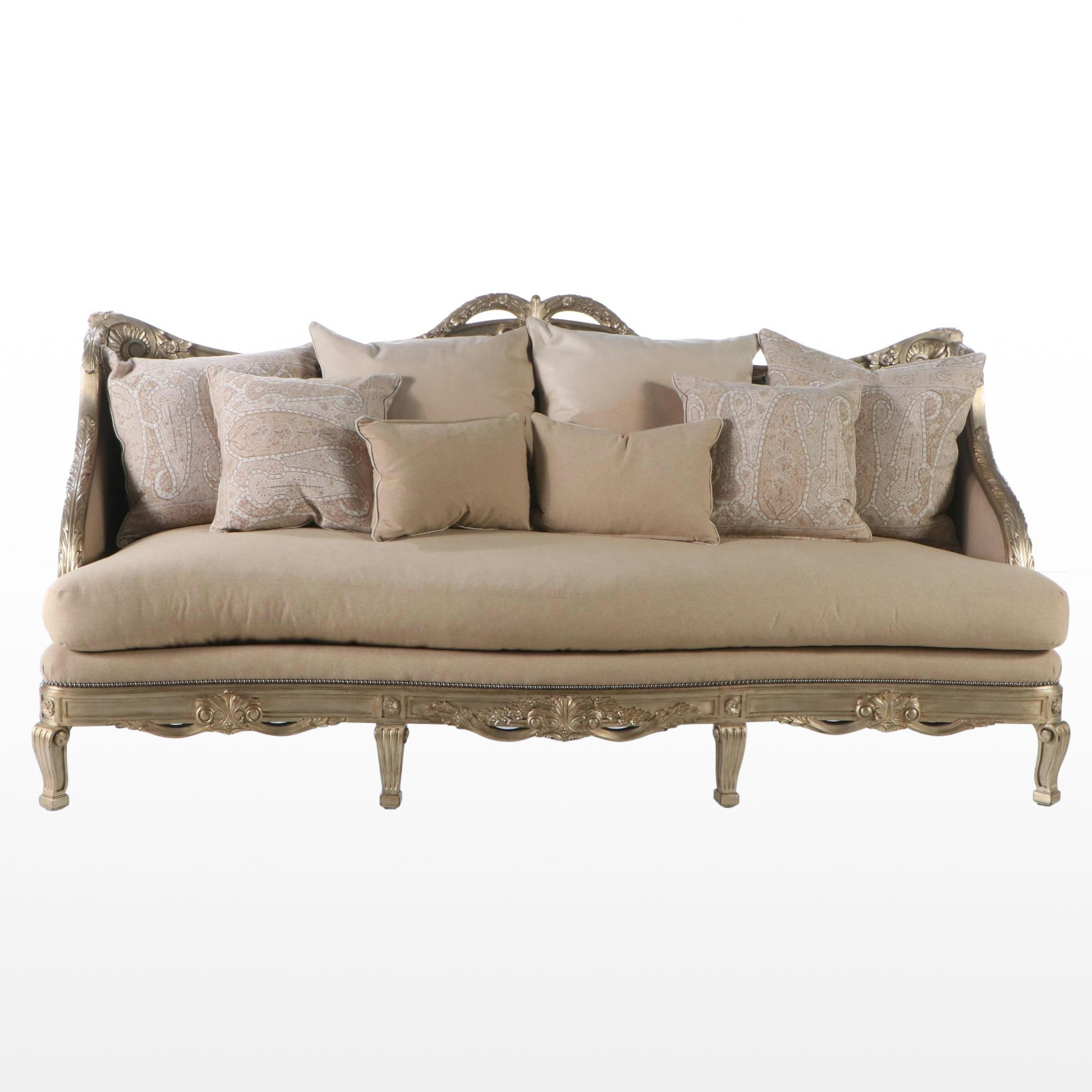 Marge Carson Louis XV Style Carved Silvered Wood Sofa with Accent Pillows