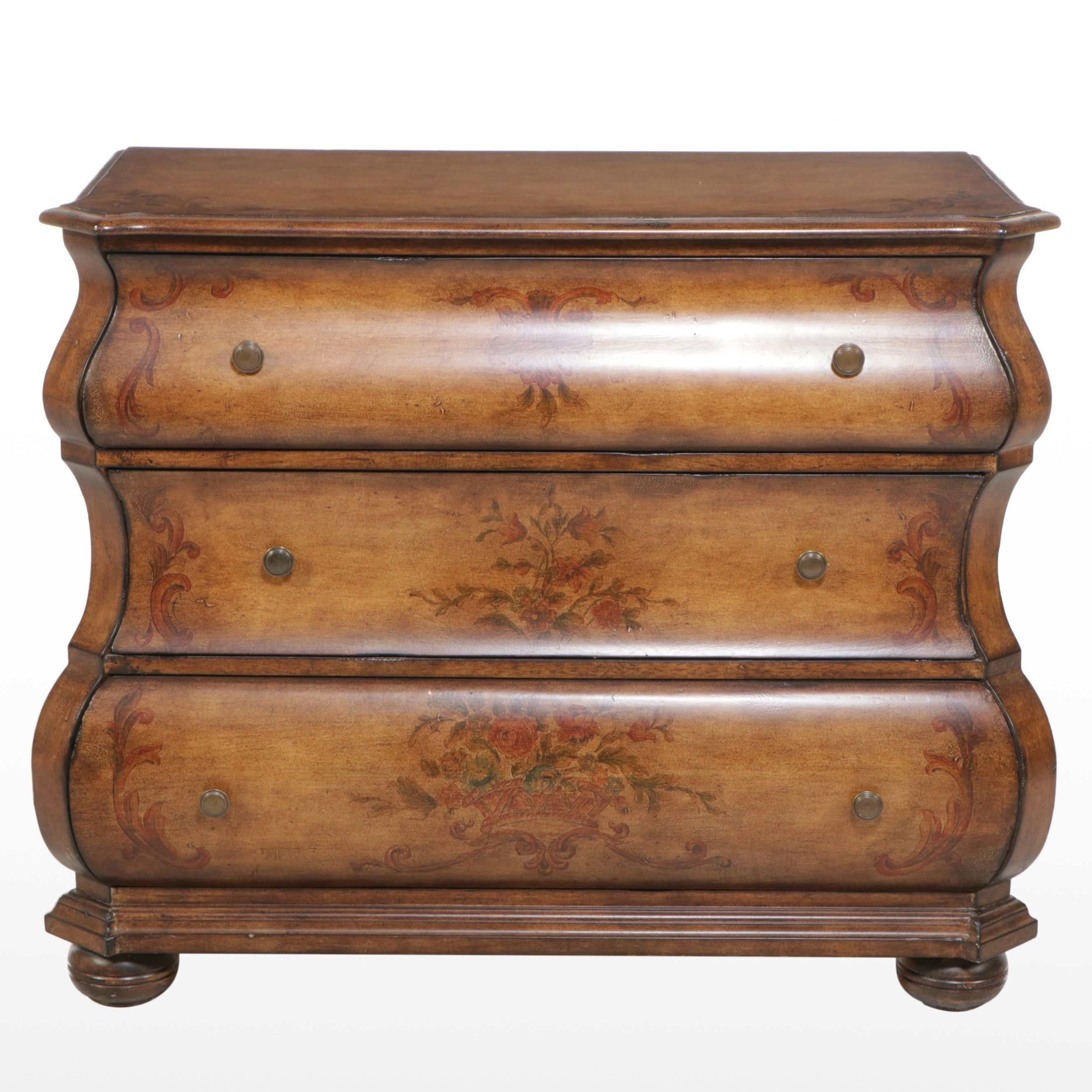 French Provincial Style Paint-Decorated Wood Bombé Chest